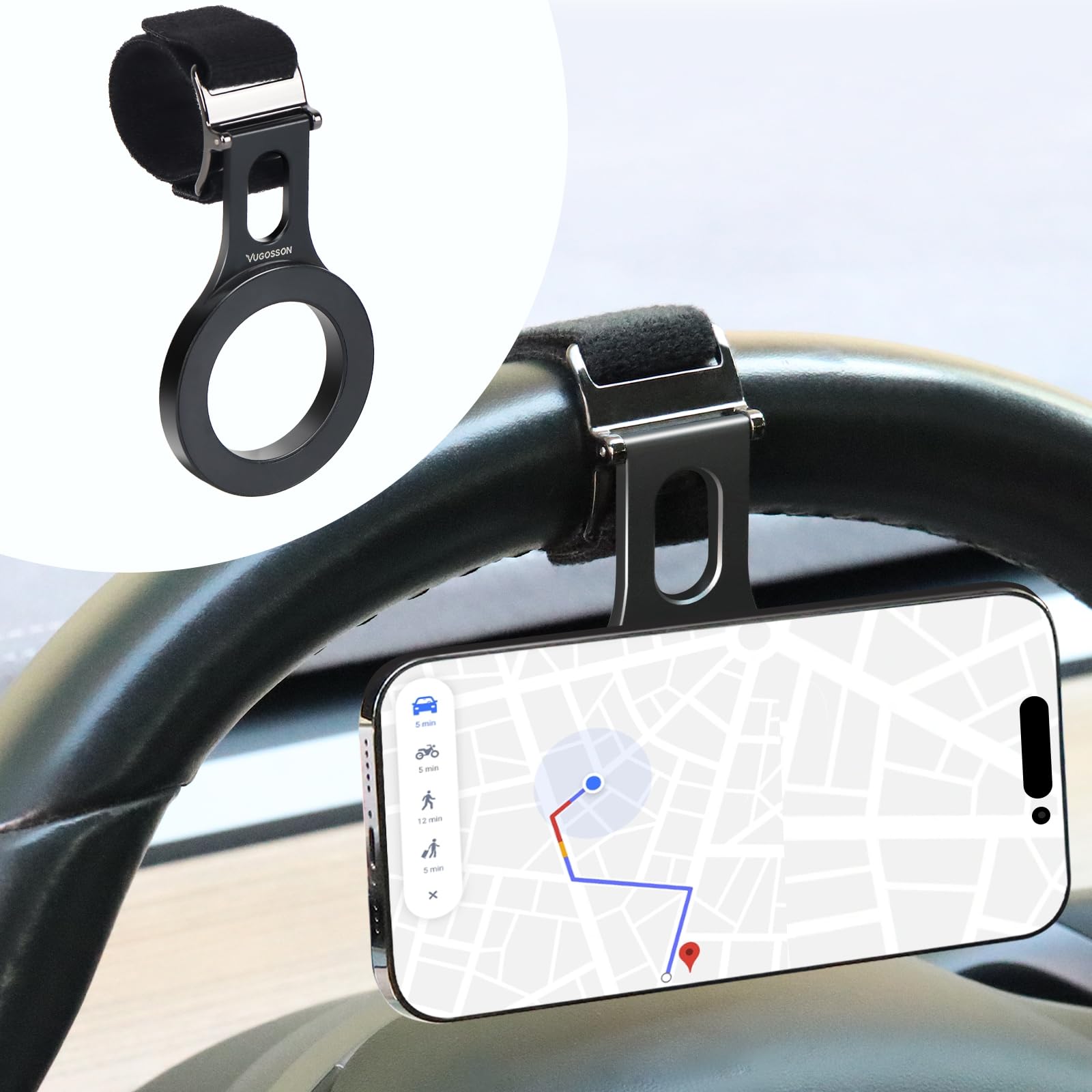 Vugosson Magnetic Phone Holder For Tesla, Steering Wheel Phone Mount For Magsafe Car Holder, Work On Iphone,Samsung And All Phones, Magnetic Ring Included (Black)