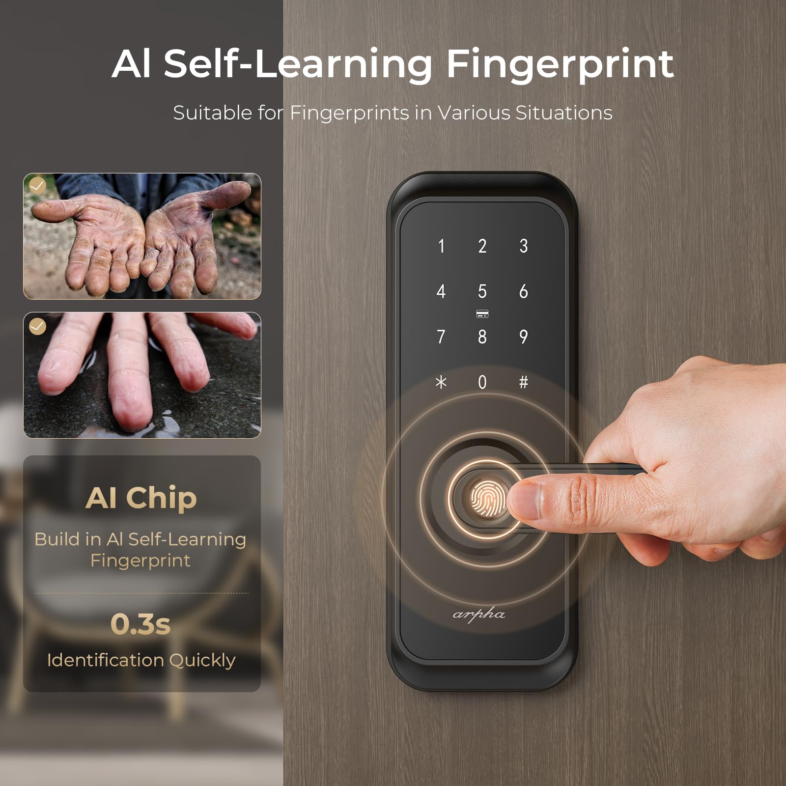 Arpha Smart Door Lock With Handle - 5-In-1 Fingerprint Keyless Entry, App Control, Keypad Deadbolt, Fob & Auto-Lock, Anti-Peep, Waterproof Ip65 For Front Door Security (Black)