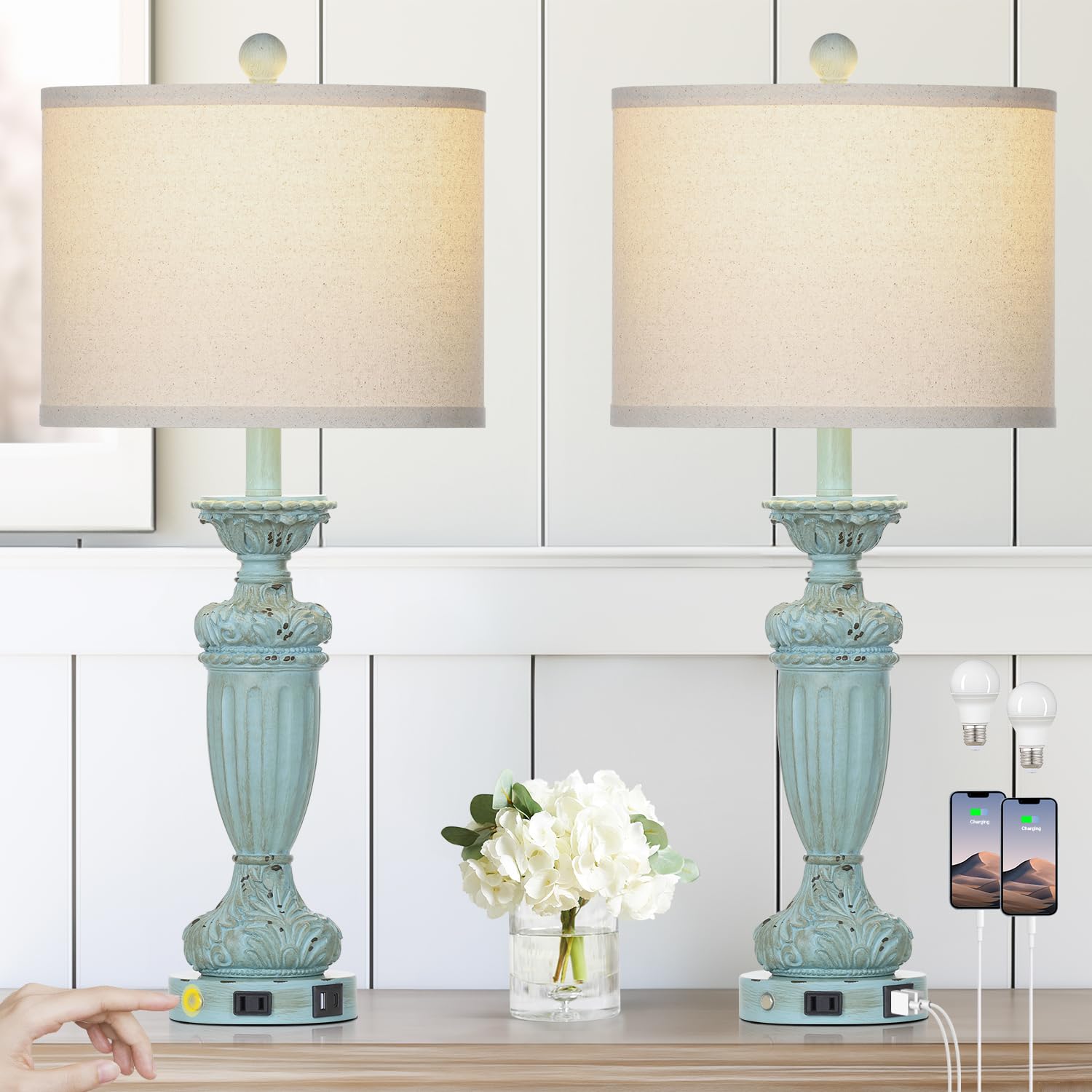 Rinweey 27.5" Farmhouse Resin Table Lamps Set Of 2 For Living Room 3-Way Dimmable Table Lamp With Usb C+A Ports,Light Blue Desk Lamps,Traditional Bedside Lamps Use For Bedroom Nightstand (Blue)