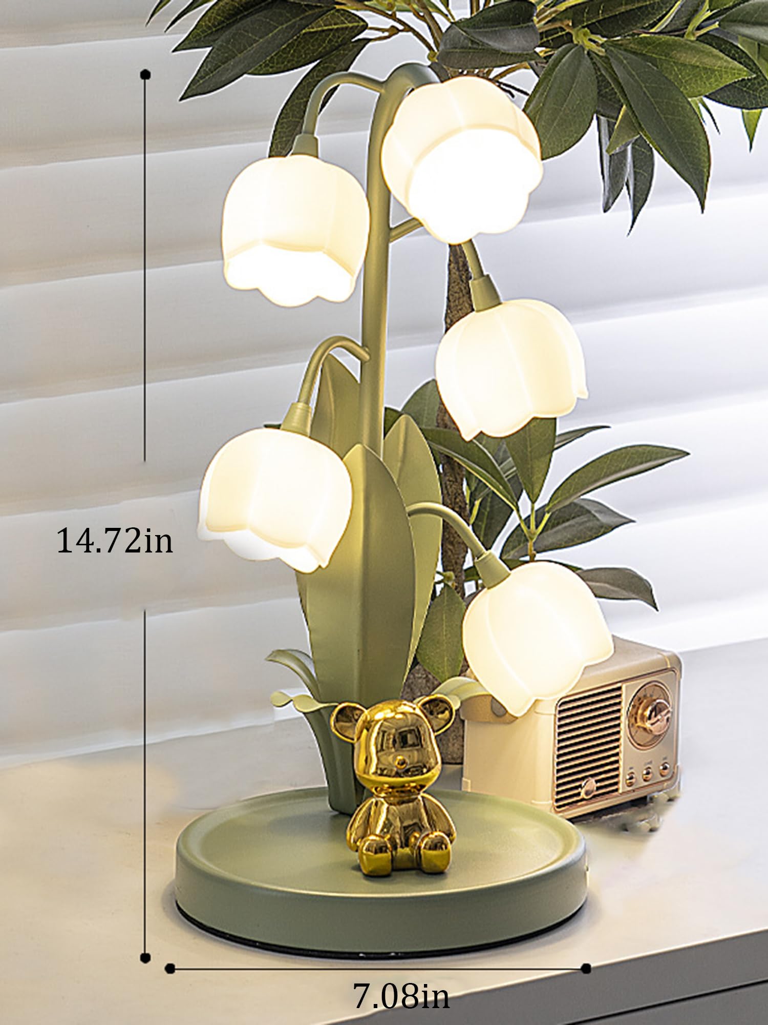 Quipzora Green Flower Lamp For Home,Bedside Vintage Table Lamps,5 Lily Of The Valley Reading Lights,3 Colors Modes Kawaii Bedside Lamp Decor,With G4 Bulb Nightstand Light For Living Room Office Bedroom