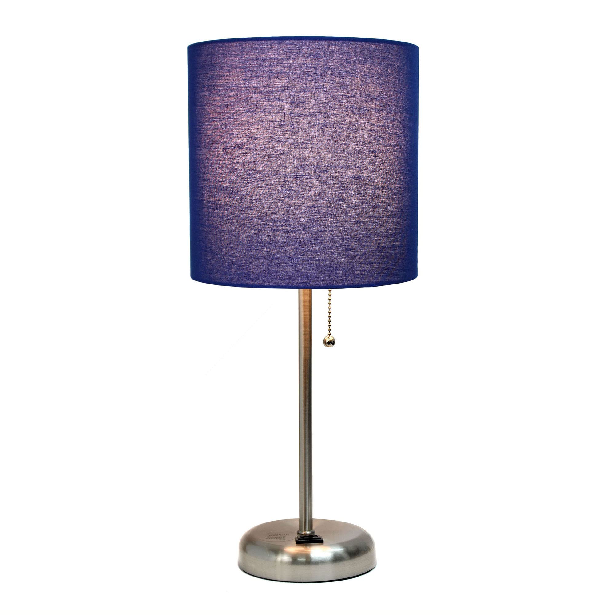 Creekwood Home Oslo 19.5" Contemporary Bedside Power Outlet Base Standard Metal Table Desk Lamp In Brushed Steel With Navy Blue Drum Fabric Shade