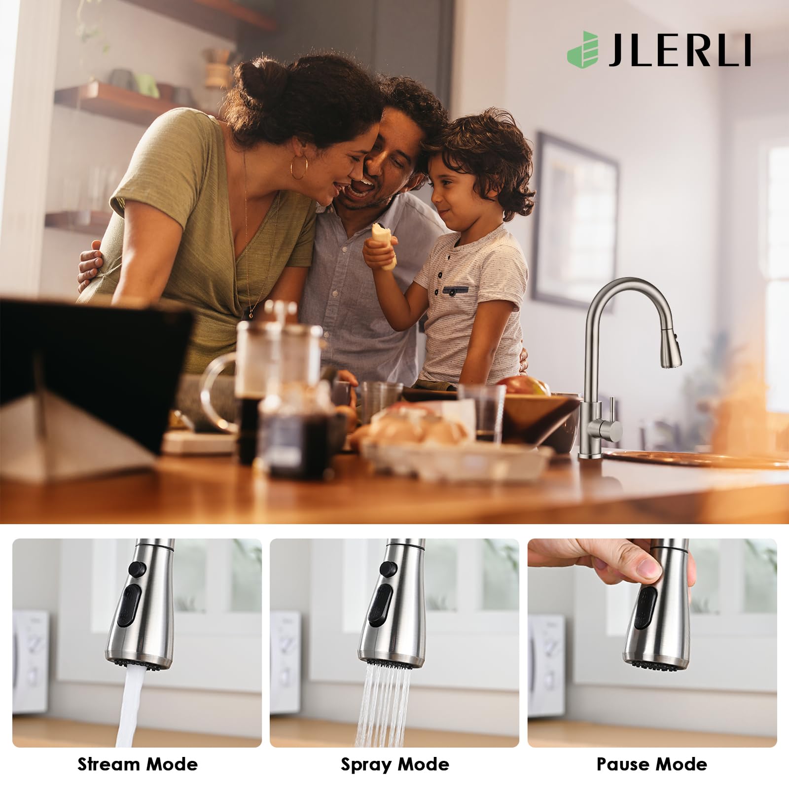 Jlerli Kitchen Faucet With Pull Down Sprayer, High Arc Brushed Nickel Single Handle Kitchen Sink Faucet, Stainless Steel, 3 Mode(Stream/Spray/Pause), 360° Swivel, Grifos Para Fregaderos De Cocina