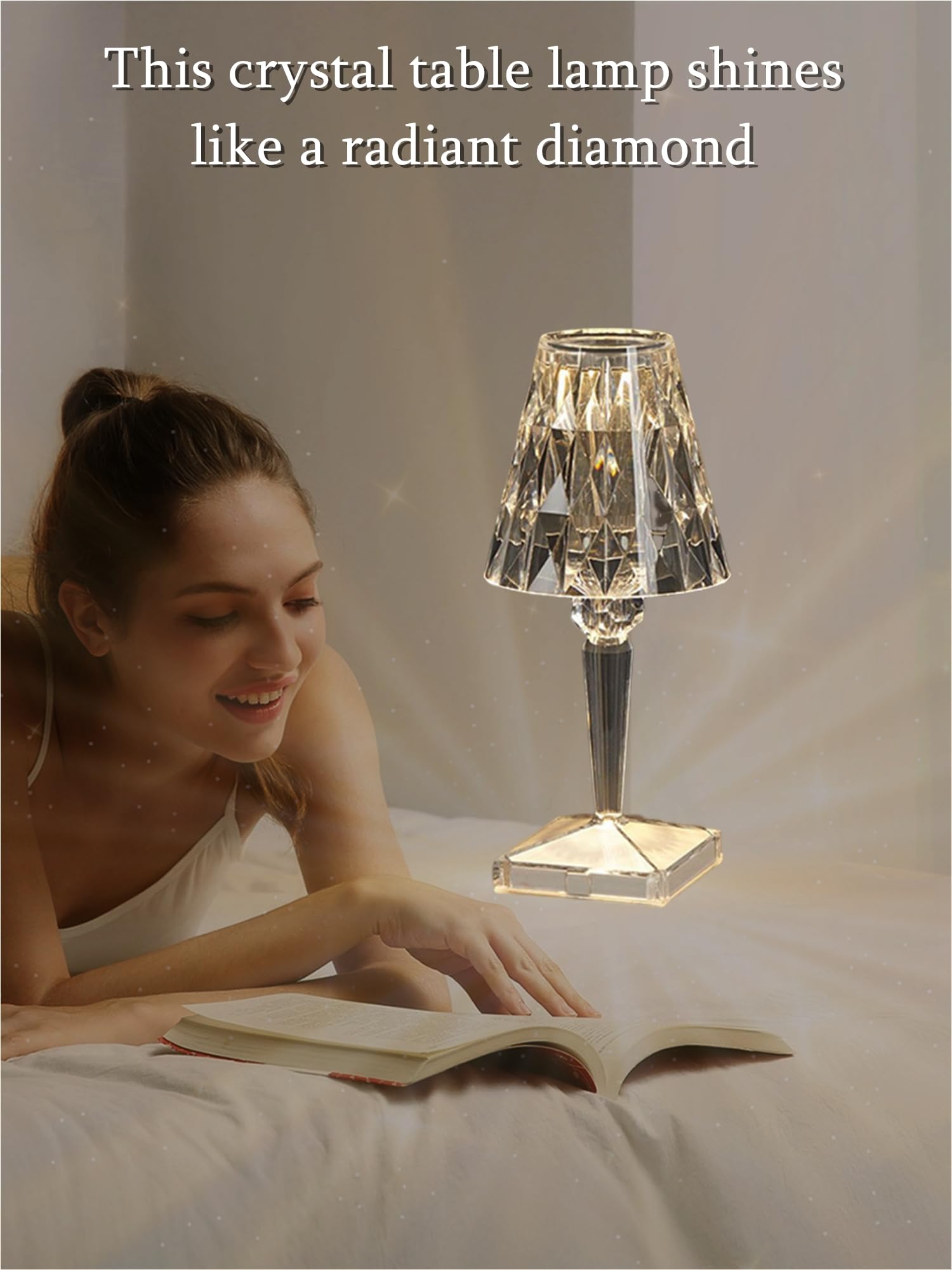 Wulcfch Crystal Table Lamp Touch Light, Led Night Lights Usb Rechargeable Cordless Lamp With 16 Color Remote Changing Portable Bedside Lamps Cute Small Lamp For Bedroom Decor Desk Lamp (2000Mah Diamonds)