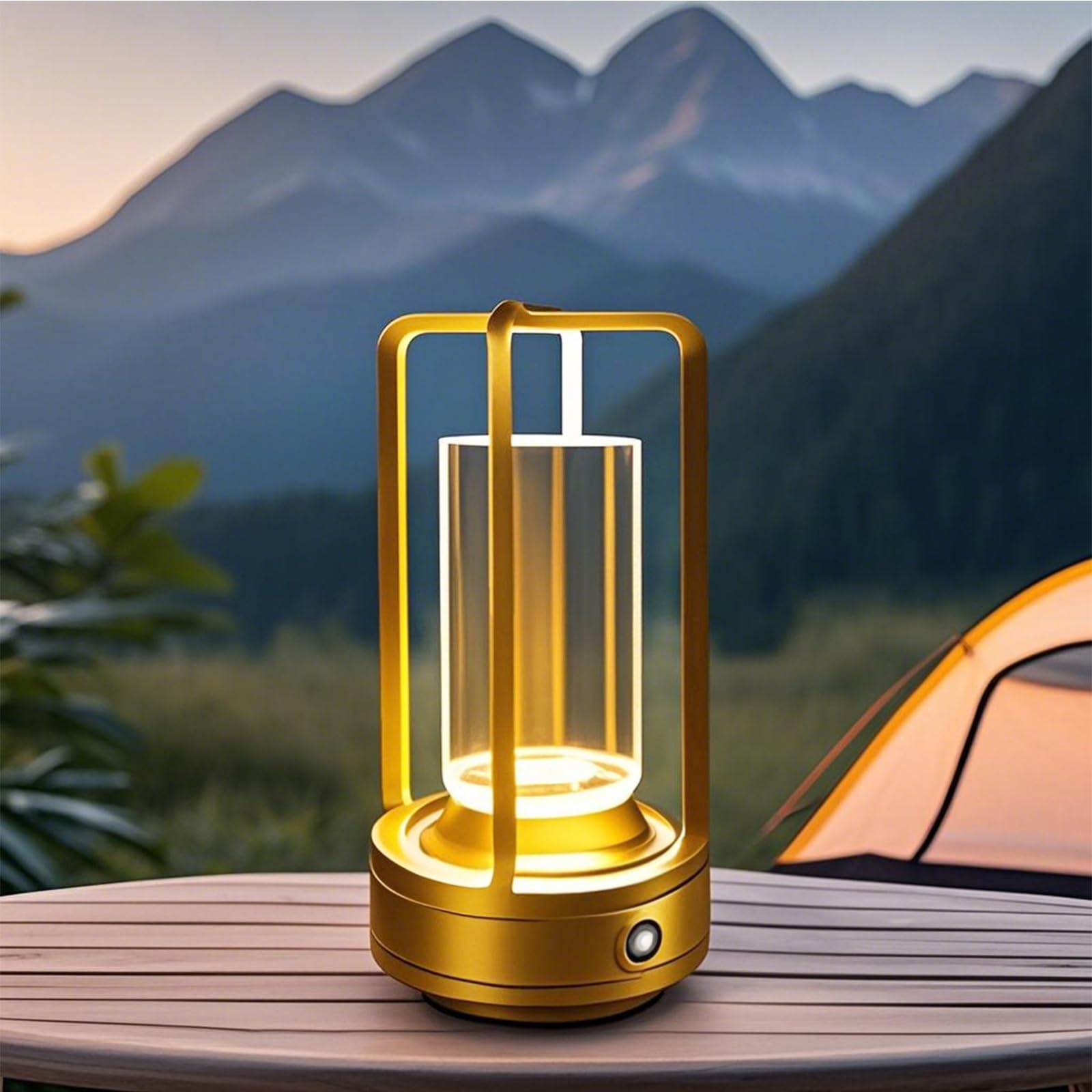 Dolafy Outdoor Table Lamp, 4000Mah Rechargeable Battery Operated Lamp, 3 Color Stepless Dimmable Portable Metal Table Lamp For Patio, Camping, Coffee Table, Crystal Lantern Lamp For Indoor/Outdoor (Gold)