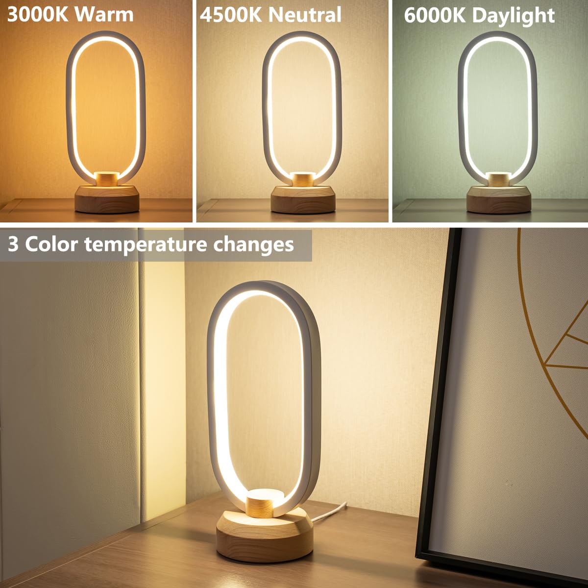 Basrae Bedside Table Lamp Bedroom Modern Oval Nightstand Lamps,Small Led Table Light,Warm White 3 Color Temperatures,Dimmable Lights With Usb Cable,For Home Adult Kids Living Room Lounge Deco Lighting
