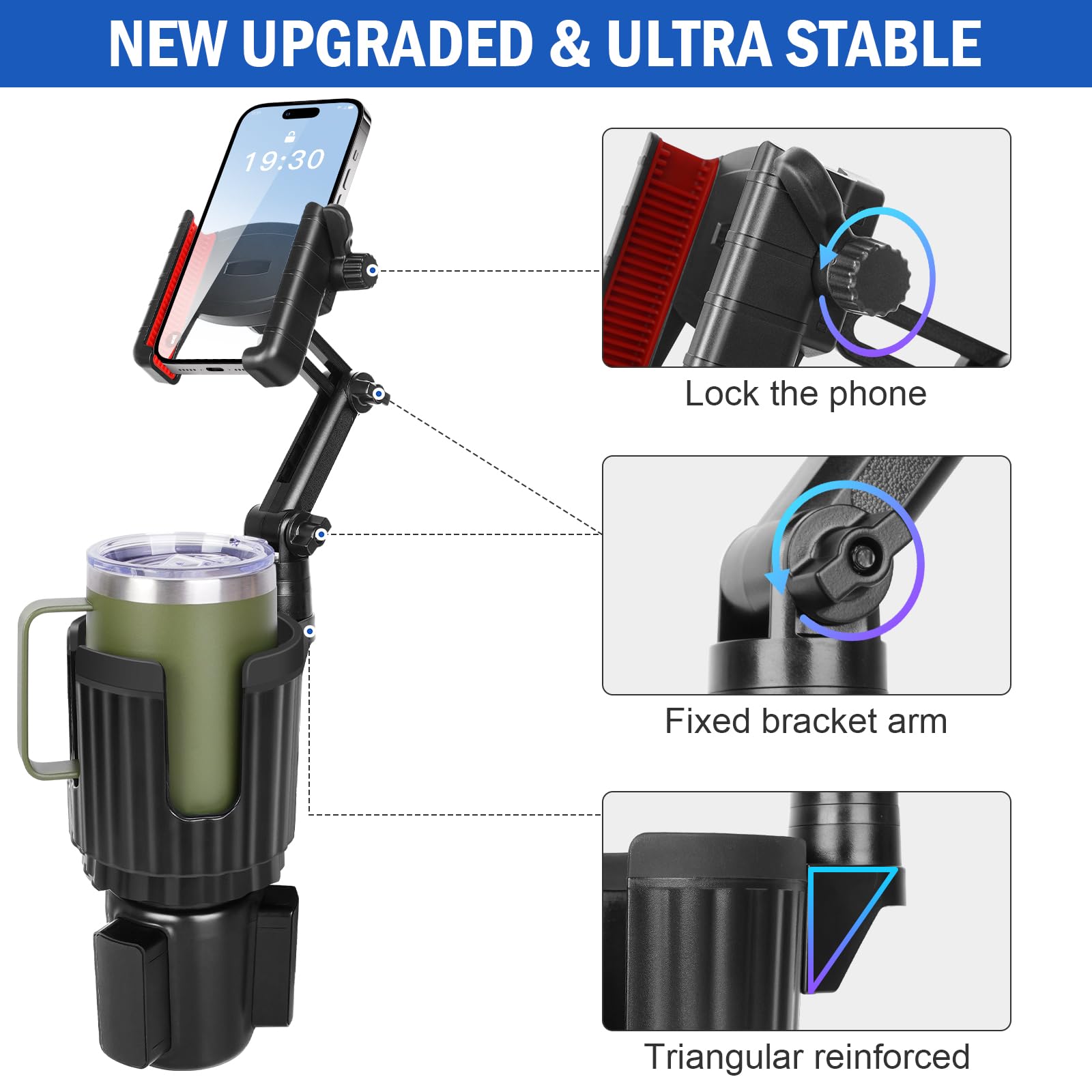 Degum  Cup Phone Mount For Car, [Super Stable] 2 In 1 Car Cup Holder Expander With Offset Adjustable Base, Cell Phone Cup Holder Mount For Car Compatible With All Smartphones