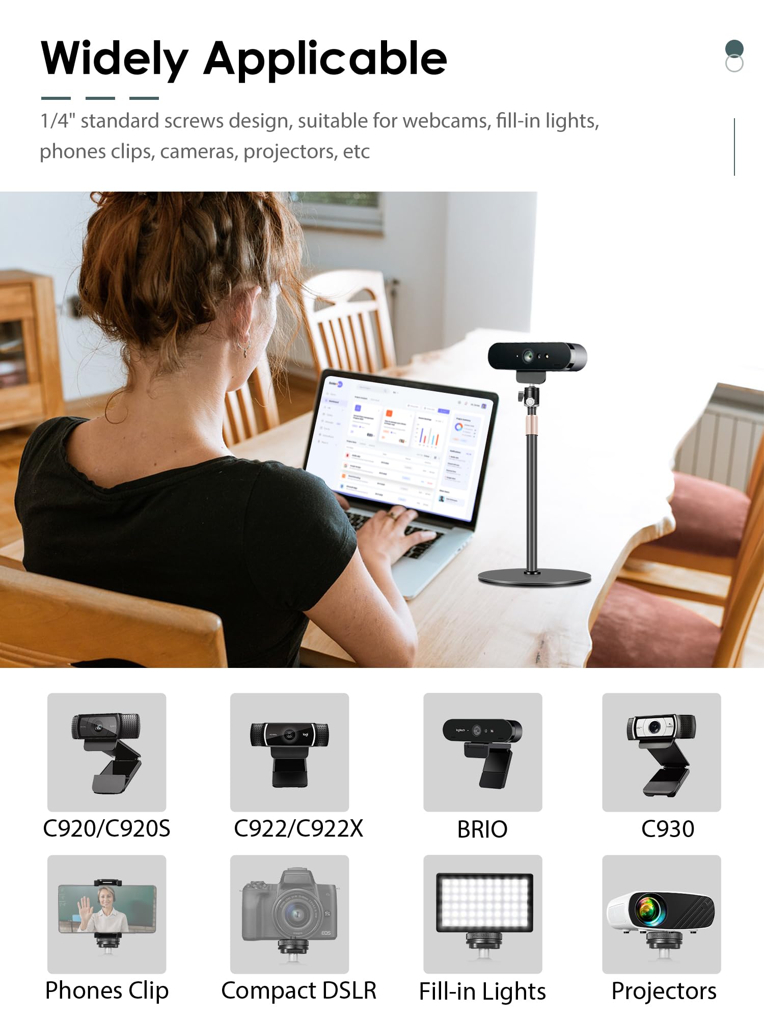 Borenbuir Webcam Stand For Desk, 23.8'' Height Adjustable,Webcam Tripod Mount Desktop For Logitech Brio 4K C922 C930E C920S C920 C960 C920X Phone And Other Devices With 1/4" Thread