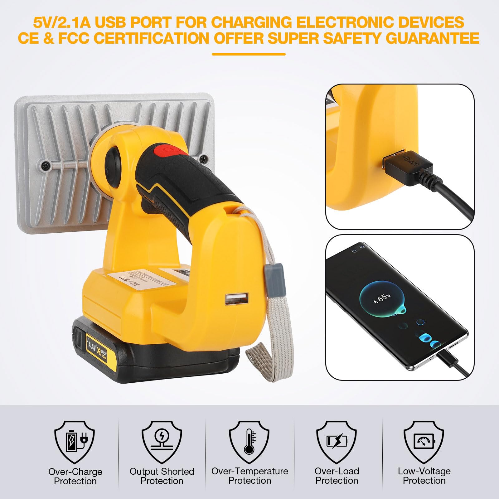 Hiesuan Led Work Light For Dewalt 20V Battery, 18W 2000Lm Flashlight Spotlight Portable Outdoor Light With 5V 2.1A Usb Port For Repairing, Garage, Camping, Jobsite