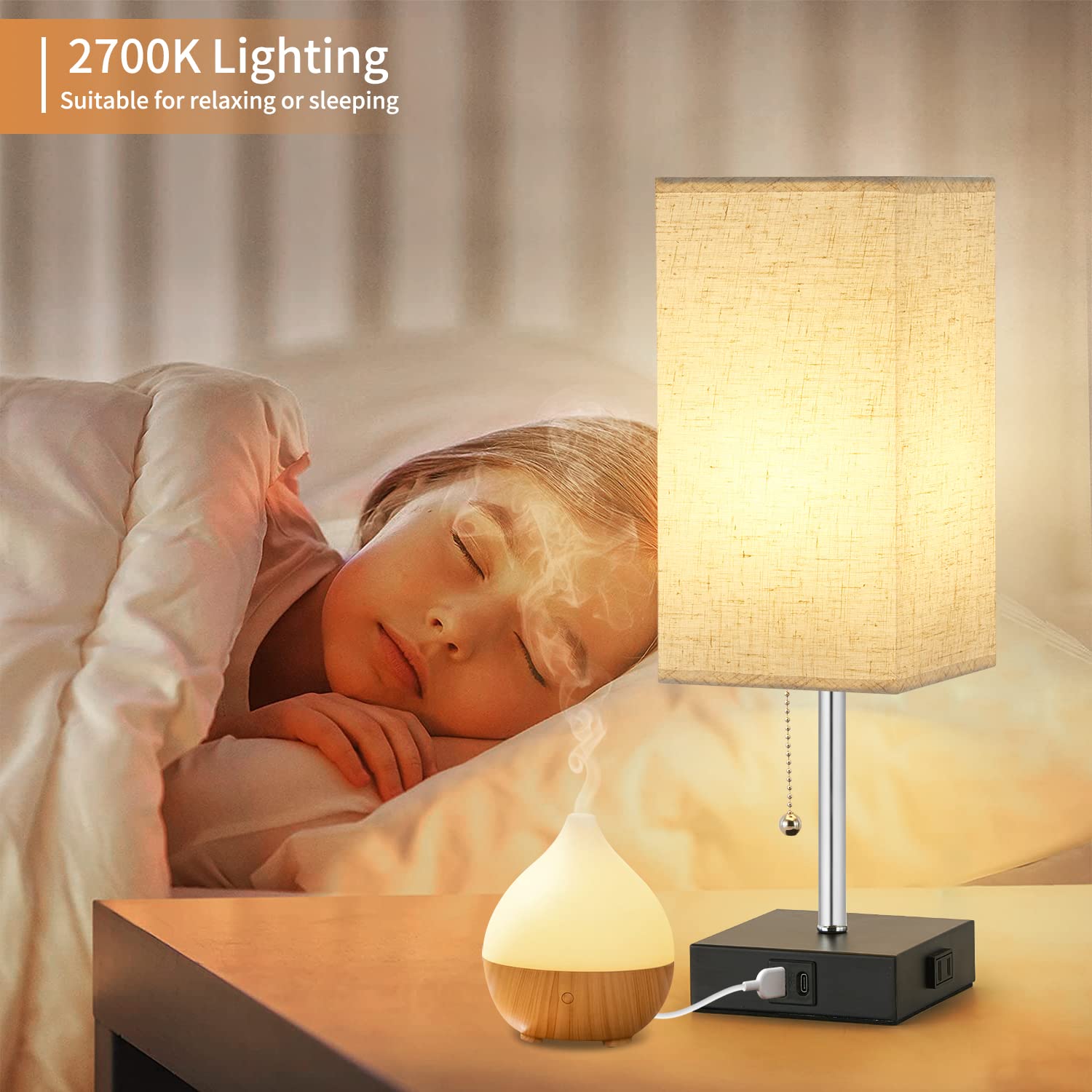 Woderdeng 3-Color Table Lamp For Bedrooms, Bedside Lamps With Usb C+A Ports And Ac Outlet, 2700/3500/5000K Pull Chain Nightstand Lamp,Desk Lamps For Home Office,Living Room