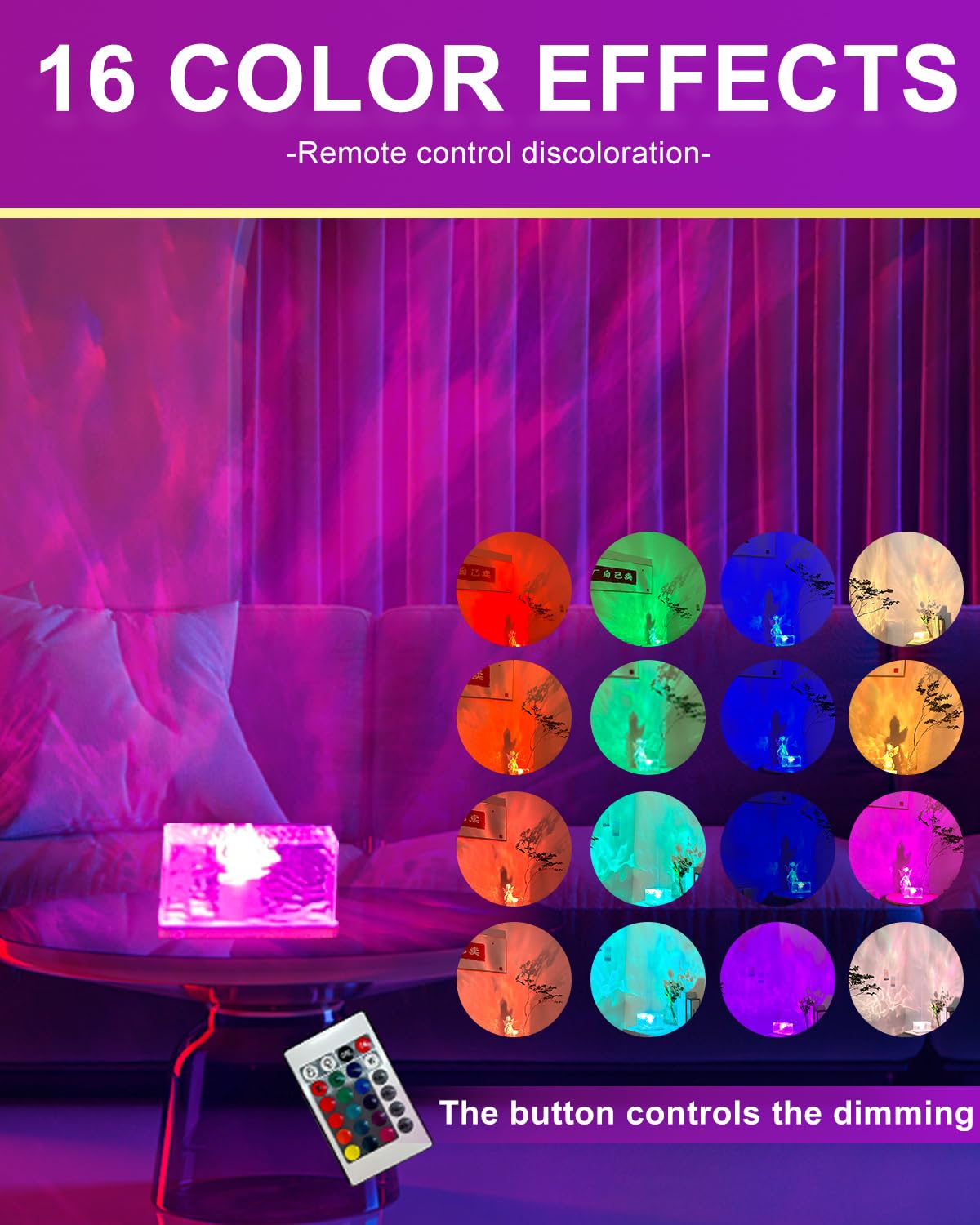 Kiandqu Rotating Water Wave Lamp Projector,Ocean Wave Light Projector,Crystal Night Light Lamp Touch Control,16 Colors Rgb Lights For Gaming Room,Kids Room,Party,Bars …