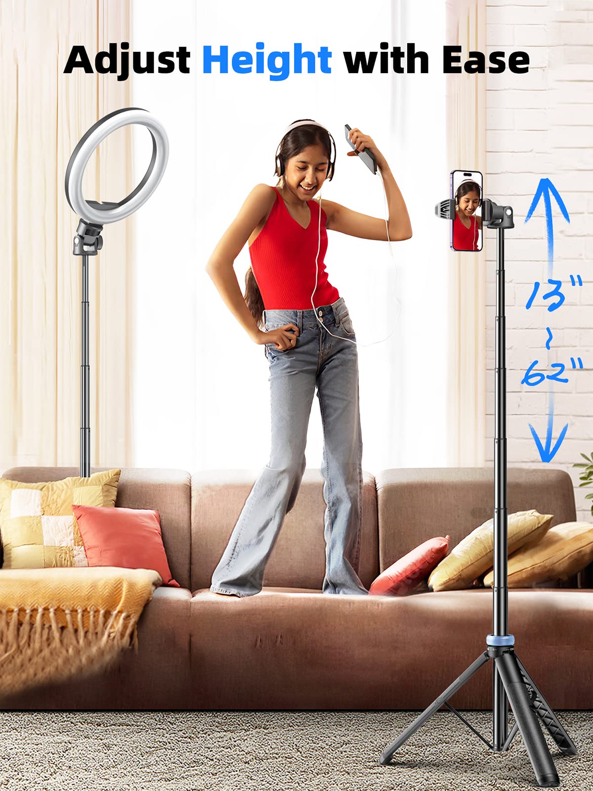 Kaiess 62" Phone Tripod & Selfie Stick, Extendable Cell Phone Tripod Stand With Wireless Remote, Solidest, Portable, Lightweight, Compatible With Iphone/Android Phone