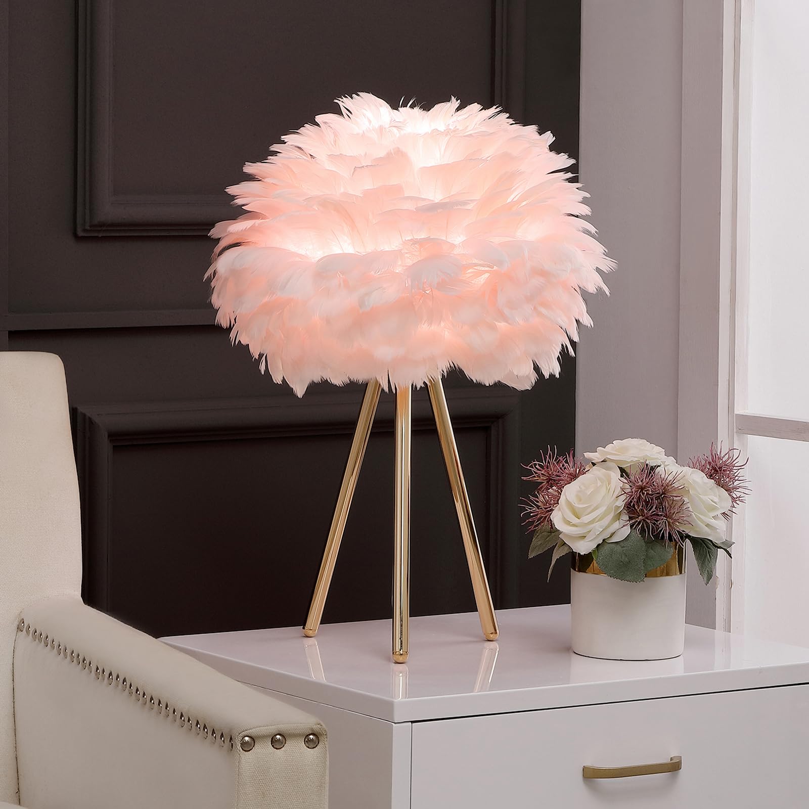 Lincwonz Pink Feather Lamp Tripod Lamp For For Girls Bedrooms Living Room Aesthetic Decor Desk Lamp Unique Bedside Lamps Gold Large Table Lamp (Tripod Lamp - Pink)