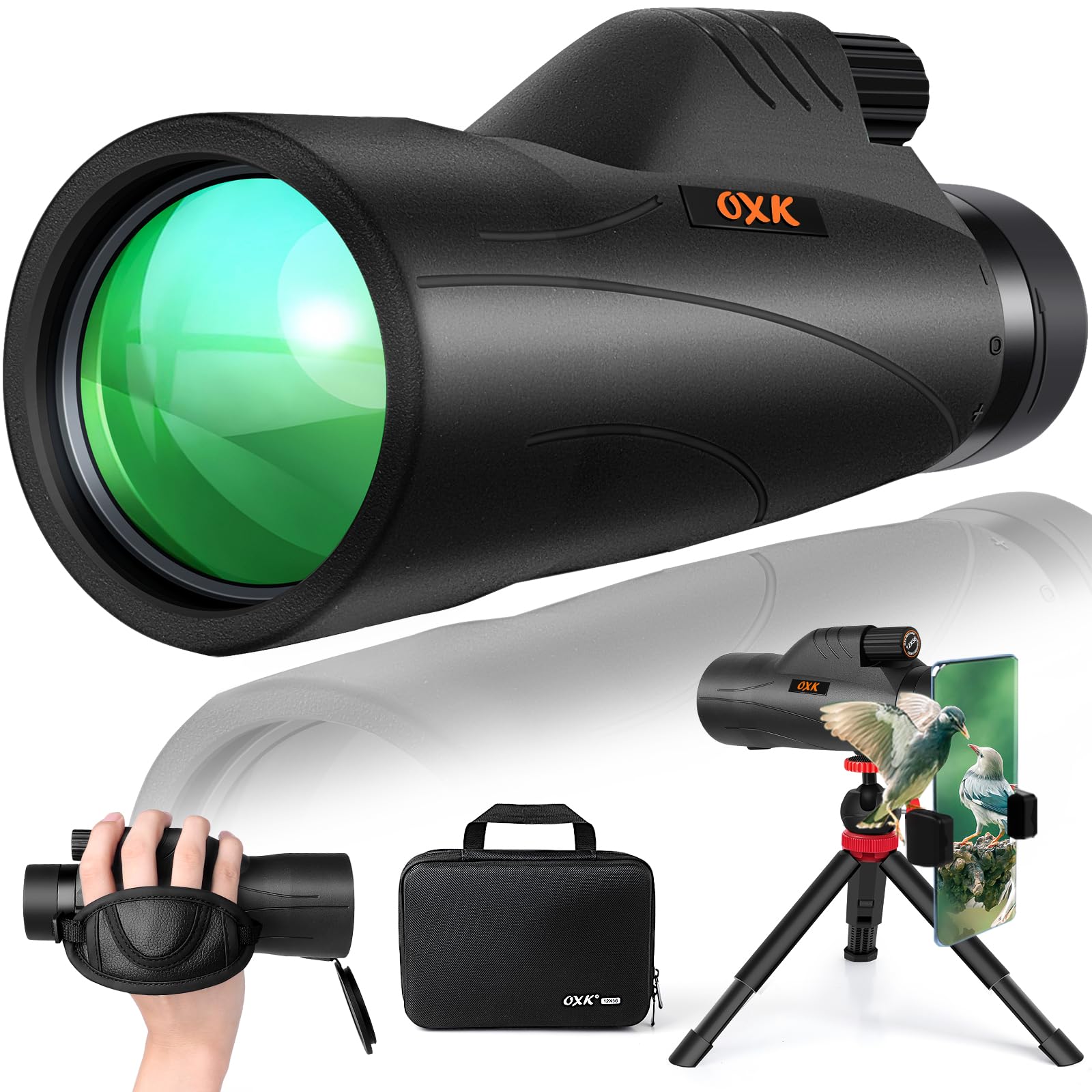 Oxk Optics 12X56 High Power Monocular Telescope With Smartphone Adapter Tripod Travel Bag, Larger Vision Monoculars For Adults With Bak4 Prism & Fmc Lens, Suitable For Bird Watching Hunting Hiking Camping