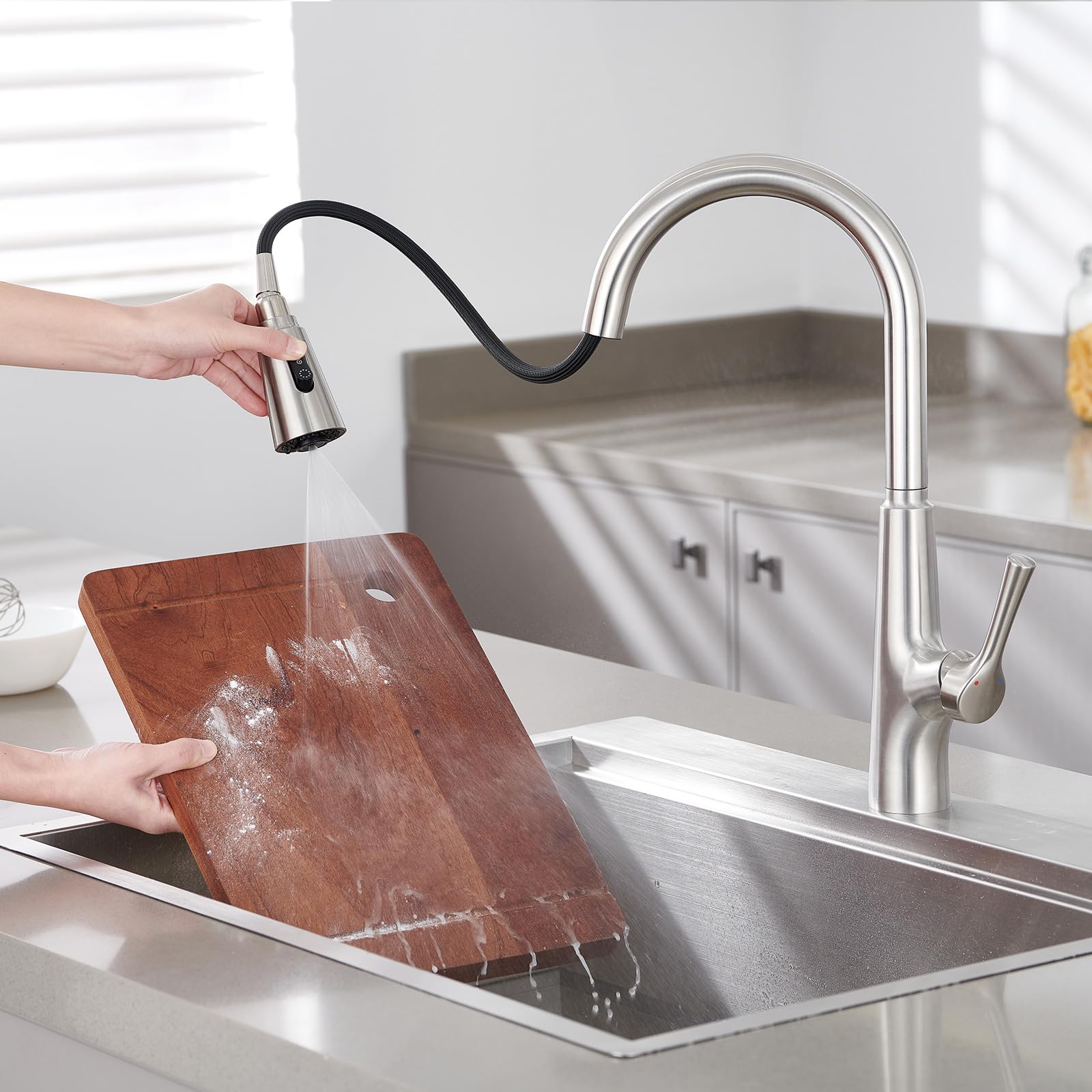 Aktines Kitchen Faucet With Pull Down Sprayer, 3-Function High Arc Stainless Steel Kitchen Sink Faucet With Deck Plate, Brushed Finish