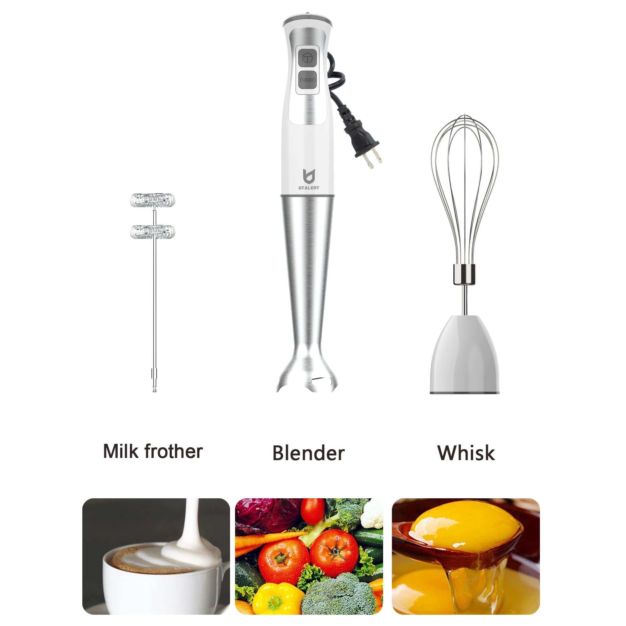 Utalent Immersion Hand Blender, 3-In-1 8-Speed Stick Blender With Milk Frother, Egg Whisk For Smoothies, Coffee Milk Foam, Puree Baby Food, Sauces And Soups White