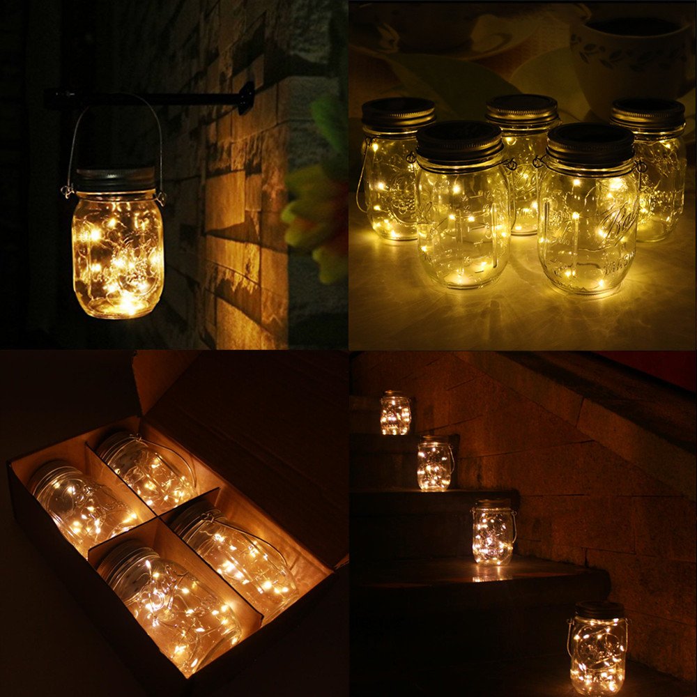 Chbjdan 6-Pack Solar-Powered Mason Jar Lights 20 Leds (6 Hanger Included / No Jar),Warm White Glass Waterproof Fairy Hanging Lighting,Outdoor String Lids For Regular Mouth Jars For Patio Lamp Decor