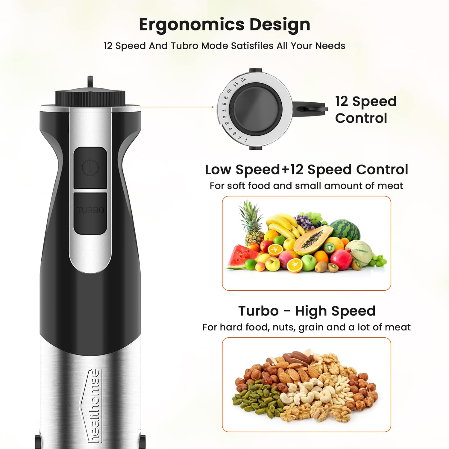 Healthomse 5-In-1 Immersion Blender 800W 12-Speed Stainless Steel Hand Blender With Milk Frother, Egg Whisk, Bpa- 500Ml Chopper And 700Ml Beaker With Lid For Soup, Smoothie, Baby Food