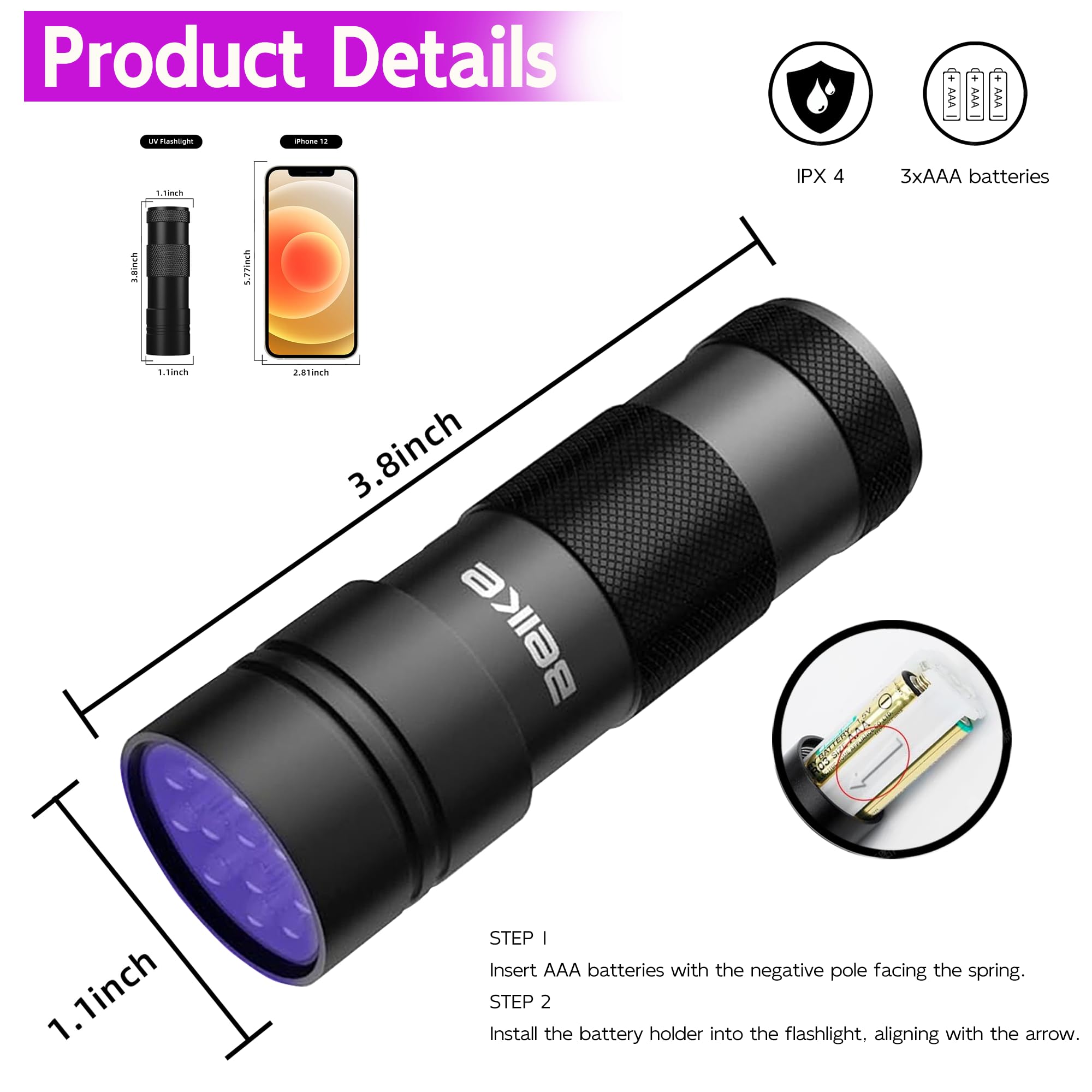 Beike Uv Flashlight Black Light–Small Portable Mini 12 Led Blacklight Flashlight For  Stain Detection In Room, Resin Curing,Scorpion & Bed Bug Find,Pet Urine & Dry Stain Detection/Carpets/Rugs/Floors