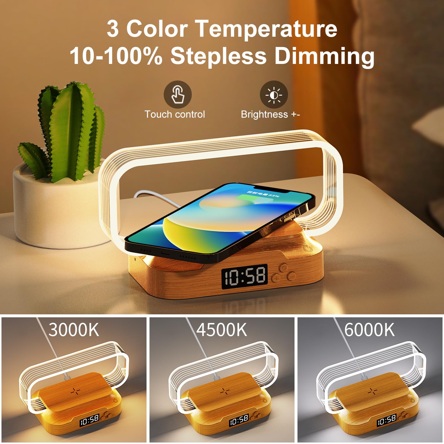 Donewin Small Nightstand Lamp With Wireless Charger,Cute Bedside Lamp With Clock,Small Table Lamp For Bedroom,Mini Night Light For Bedroom,Tiny Light As ,Stepless Dimmable,3 Color Modes