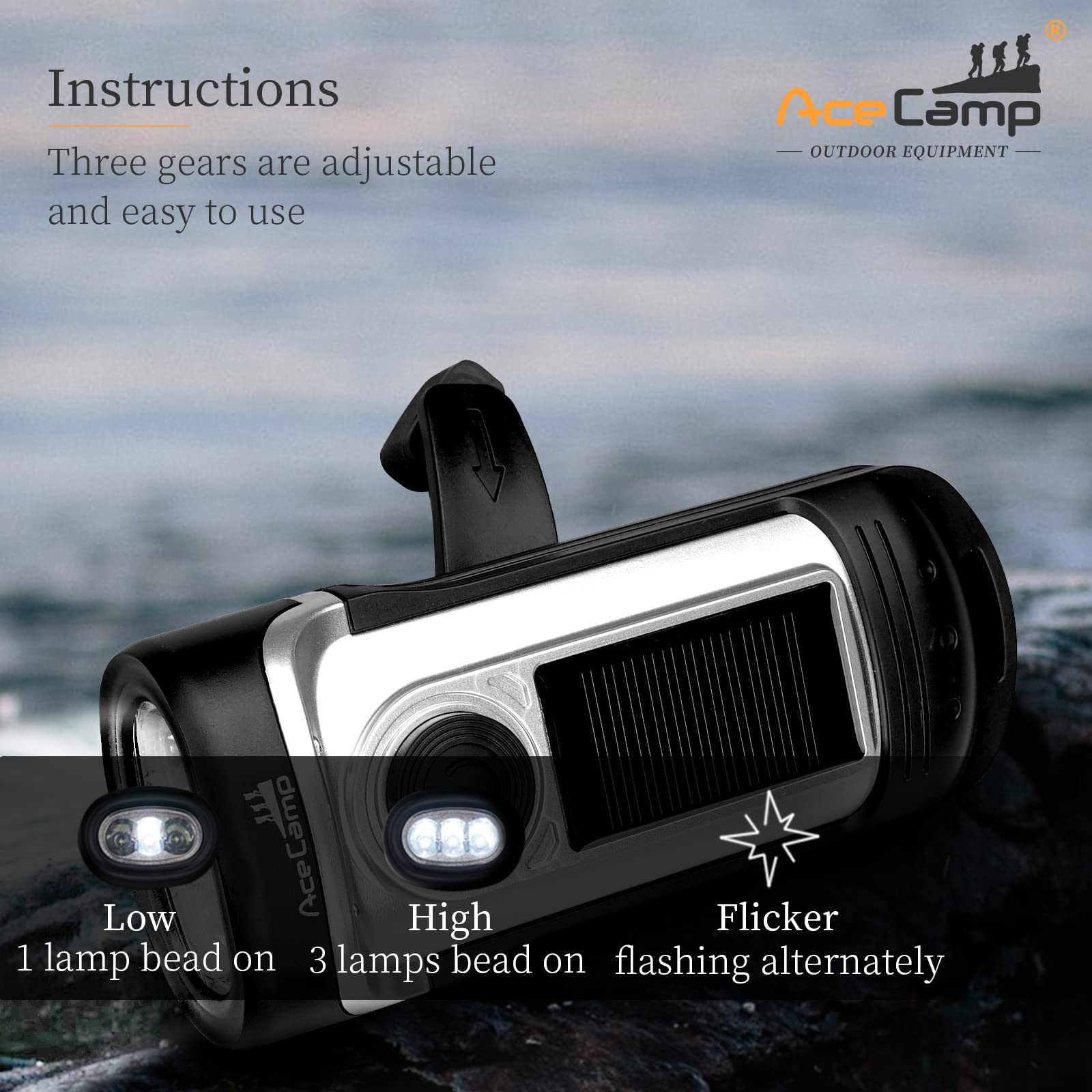 Acecamp Flashlight Hand Crank Solar Powered, Ipx6 Emergency Flashlight, Outdoor Rescue, Camping, Hiking