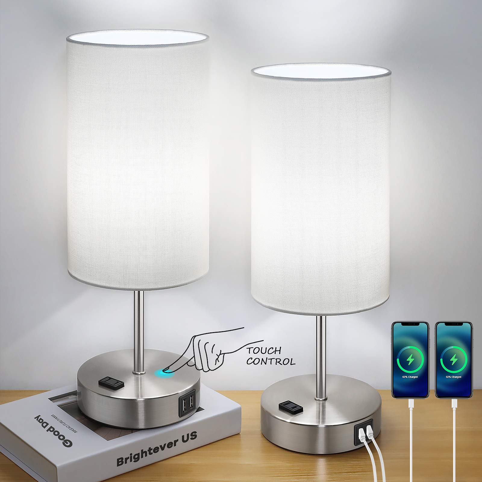 Brightever Set Of 2 Touch Control Table Lamps With 2 Usb Charging Ports&Ac Outlet, 3-Way Dimmable Bedside Nightstand Lamps With White Fabric Lampshade For Reading, Bedroom, Living Room, A19 Led Bulbs Included