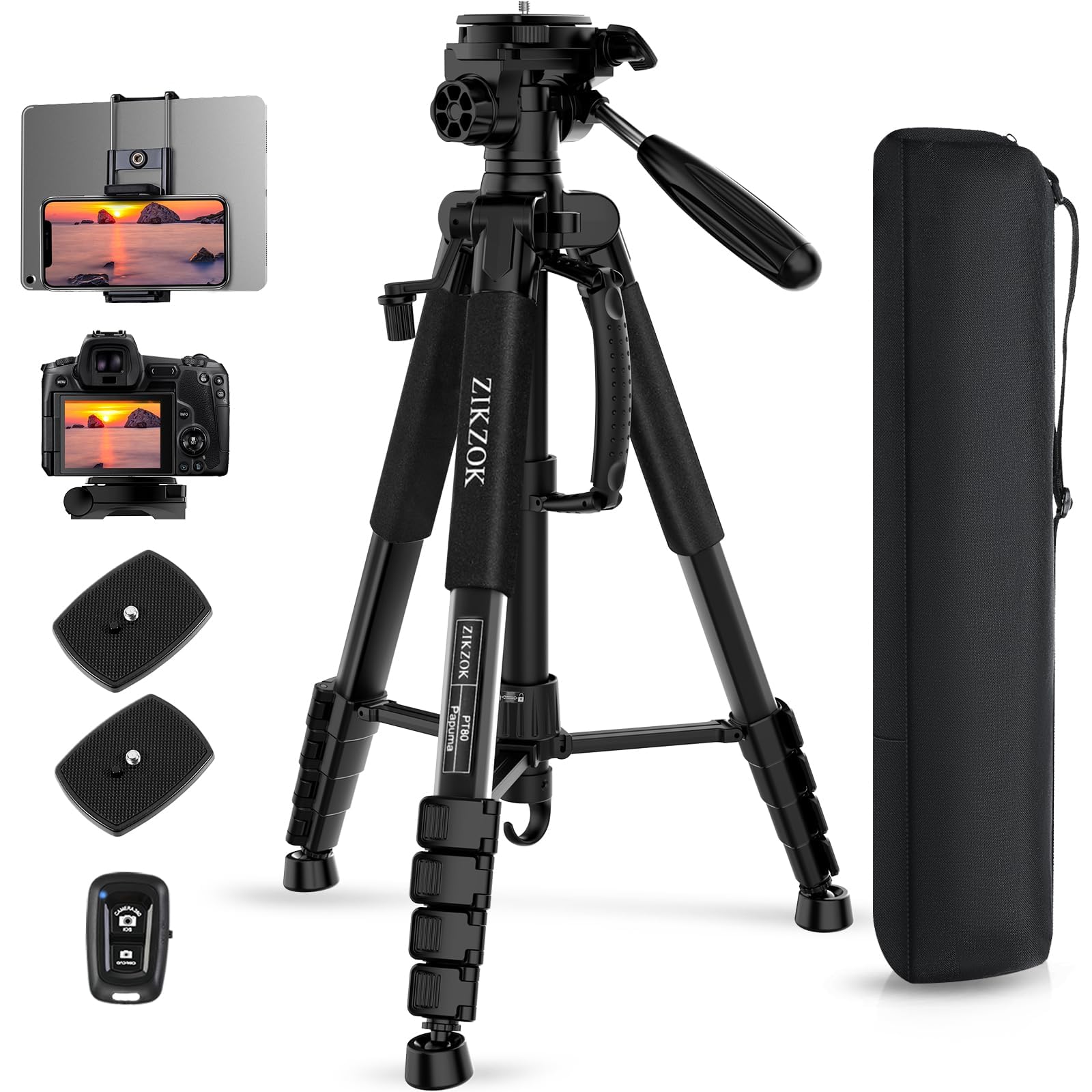 Zikzok 75" Camera Tripod, Tripod For Iphone Ipad, Aluminum Professional Heavy Duty Camera Tripod Stand With Wireless Remote/Carry Bag Compatible With Dslr/Slr/Dv/Gopro (Black)