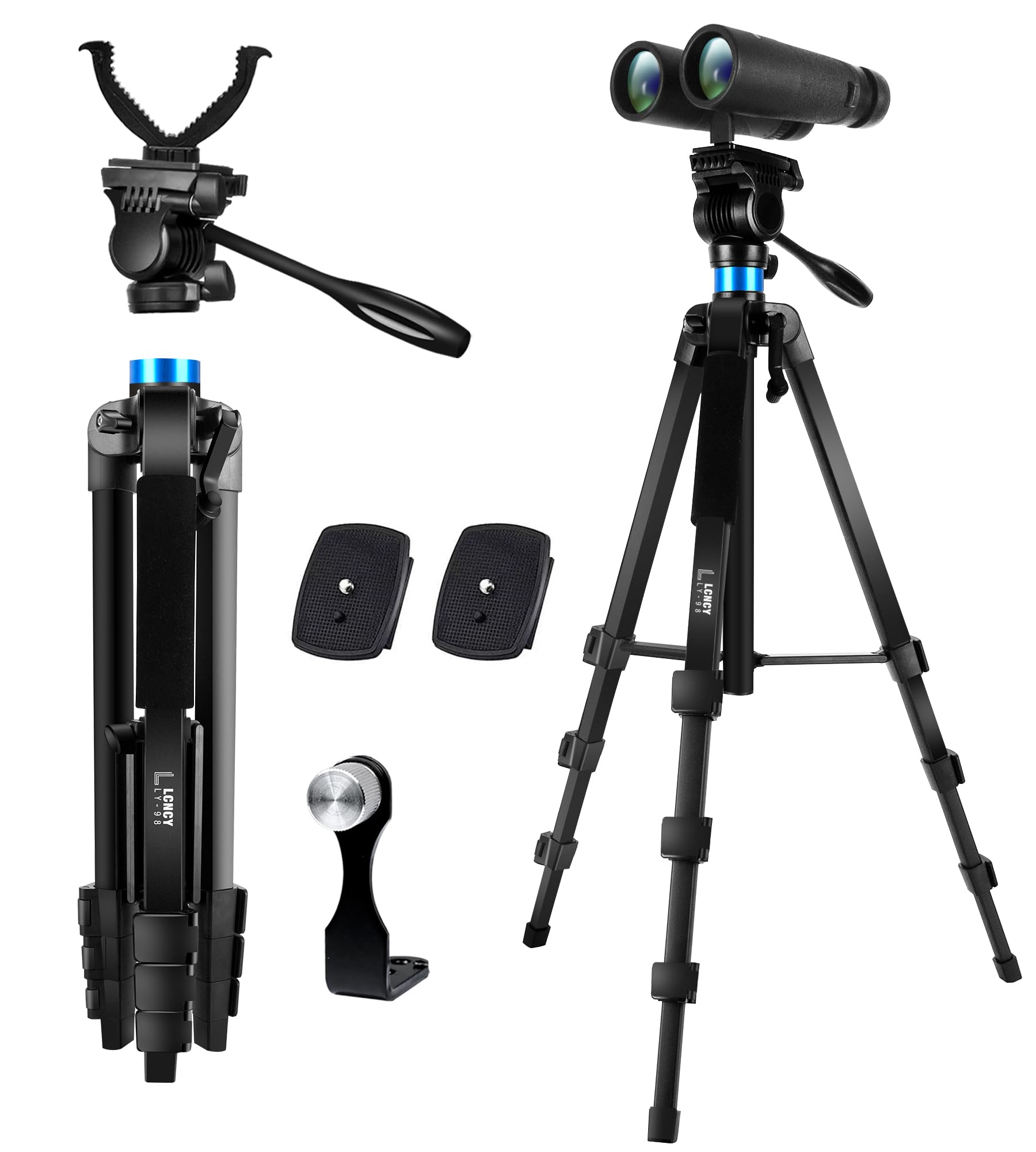 Lcncy 68 Inch Binocular Or Spotting Scope And Shooting Tripod Hunting Rest V Yoke Stand, With Binoculars Adapter And Removable 360° Rotate Fluid Head, Compatible With Binoculars/Spotting Scope/Shooting/Dslr