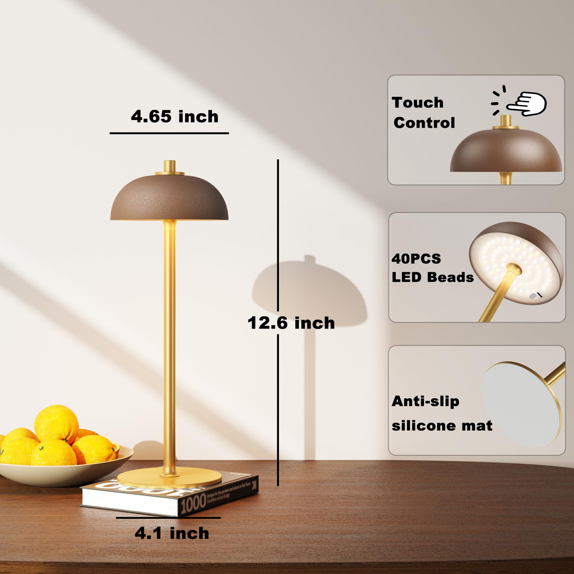 Jonemo Rechargeable Cordless Table Lamp - 5000Mah Battery Powered Lamp, 3 Color Modes Stepless Dimming Led Table Light With Memory Function For Indoor, Outdoor, Dinner, Patio, Cafe.(Brown)