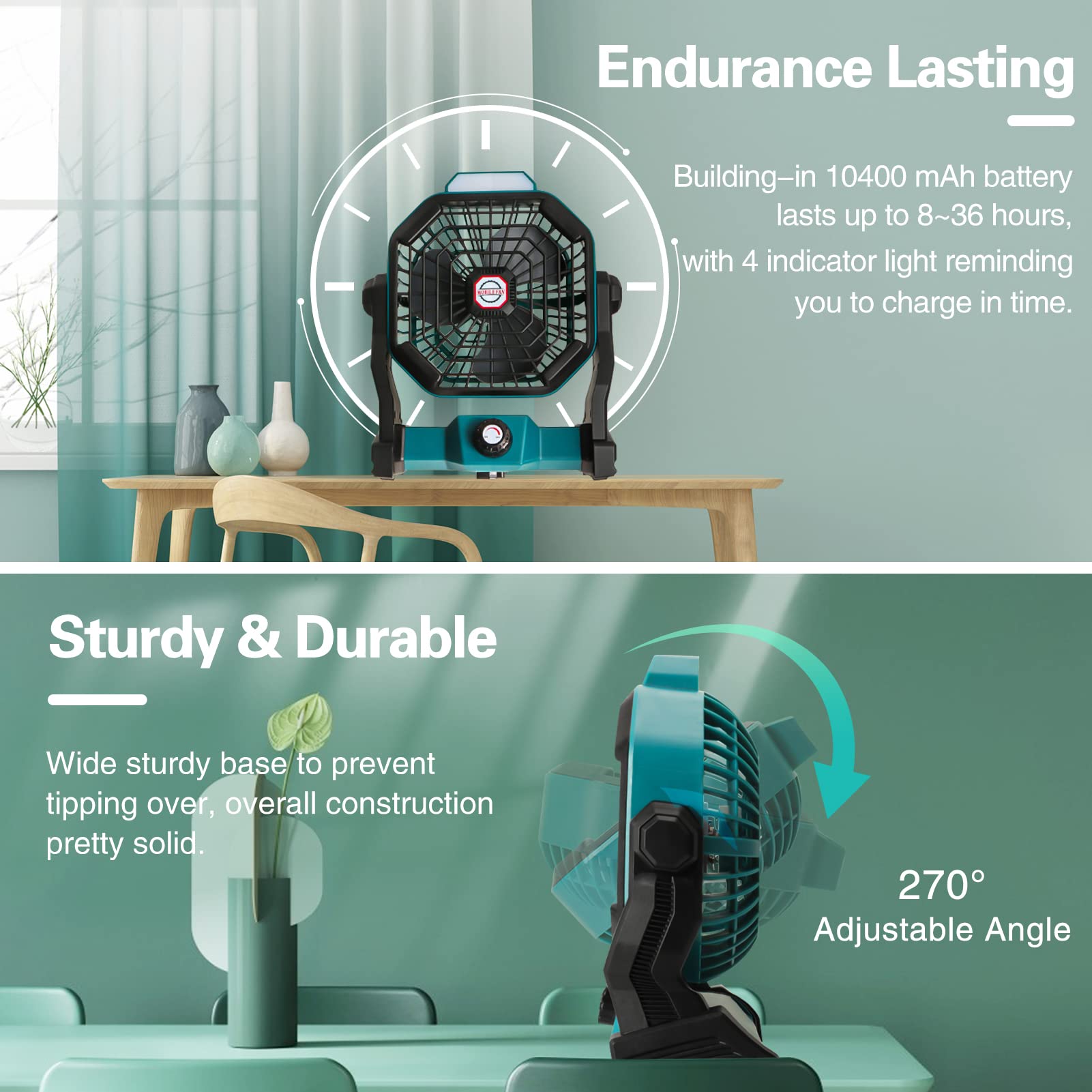 Conbola Portable Battery Operated Fan With Led Lantern, 10400Mah Outdoor Small Rechargeable