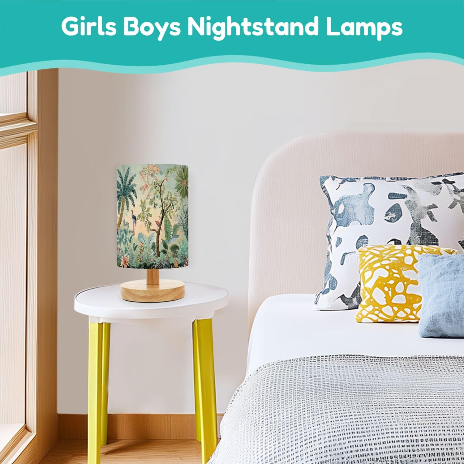 Aurfiaiuop Bedside Desk Lamps, Minimalist Traditional Mughal Garden Botanic Landscape Wall Paper Nightstand Lamps, Small Table Lamp For Nursery Girls Kids Bedroom Classroom Living Room Dorm Decor