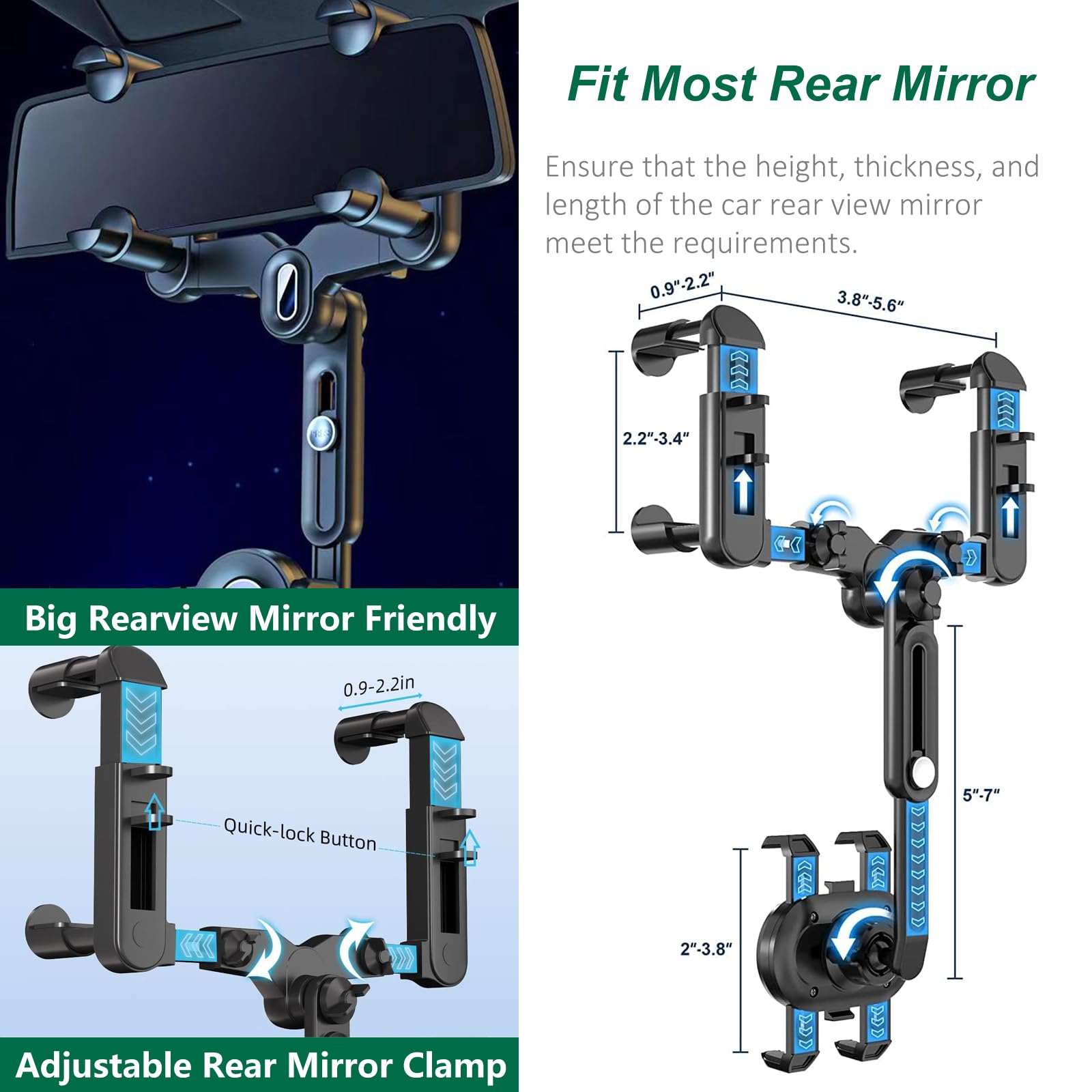 Pkyaa Rearview Mirror Phone Holder For Car, 360° Rotating Rear View Mount With Adjustable Arm Length,  Four Corners Fixed Anti-Shake Multifunctional Design For All Smartphones
