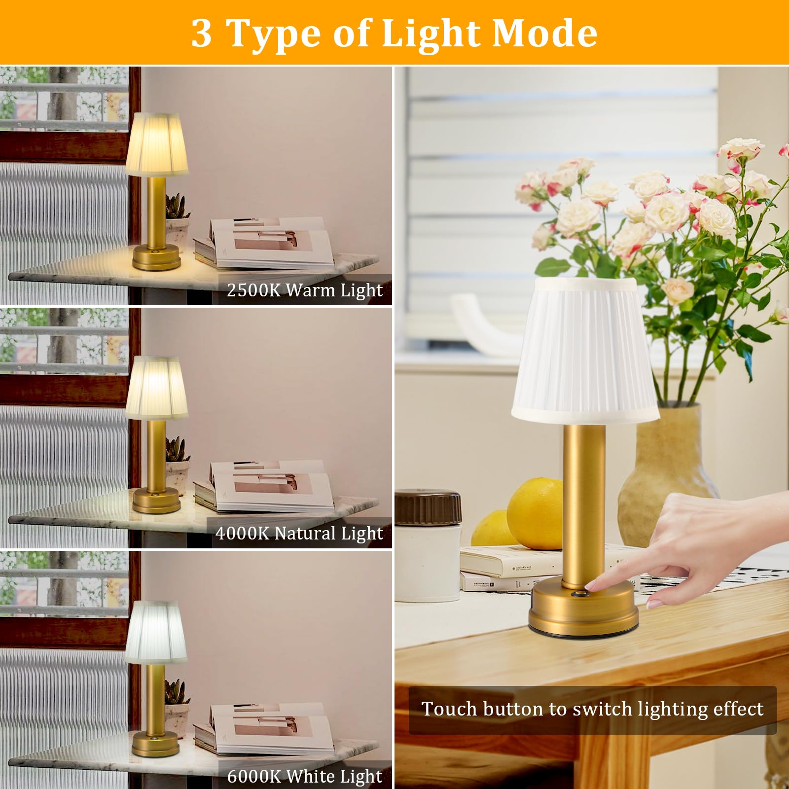 Eypid 2000Mah Battery Operated Table Lamps 3W Led Table Lamp Dimmable Portable Table Lamp 3 Level Brightness Cordless Table Lamps For Living Room,Bedside,Bedroom,Restaurant,Bar(Gold)