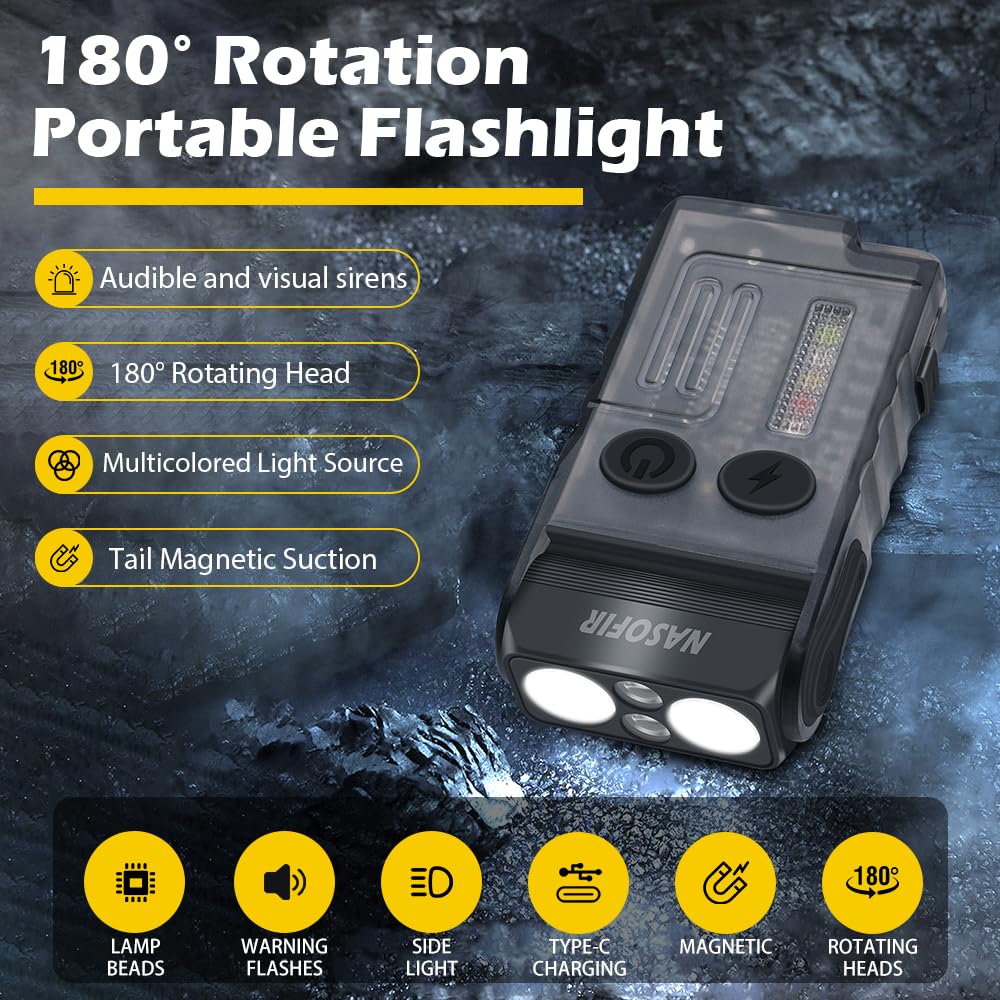 Nasofir V20 Small Powerful Edc Flashlight, High Lumens 1000 Lm Usb C Rechargeable Mini Led Keychain Pocket Led Flash Light With Clip, Cob Side Light, Magnetic Base & Beeping Alarm - 14 Modes, Ip67