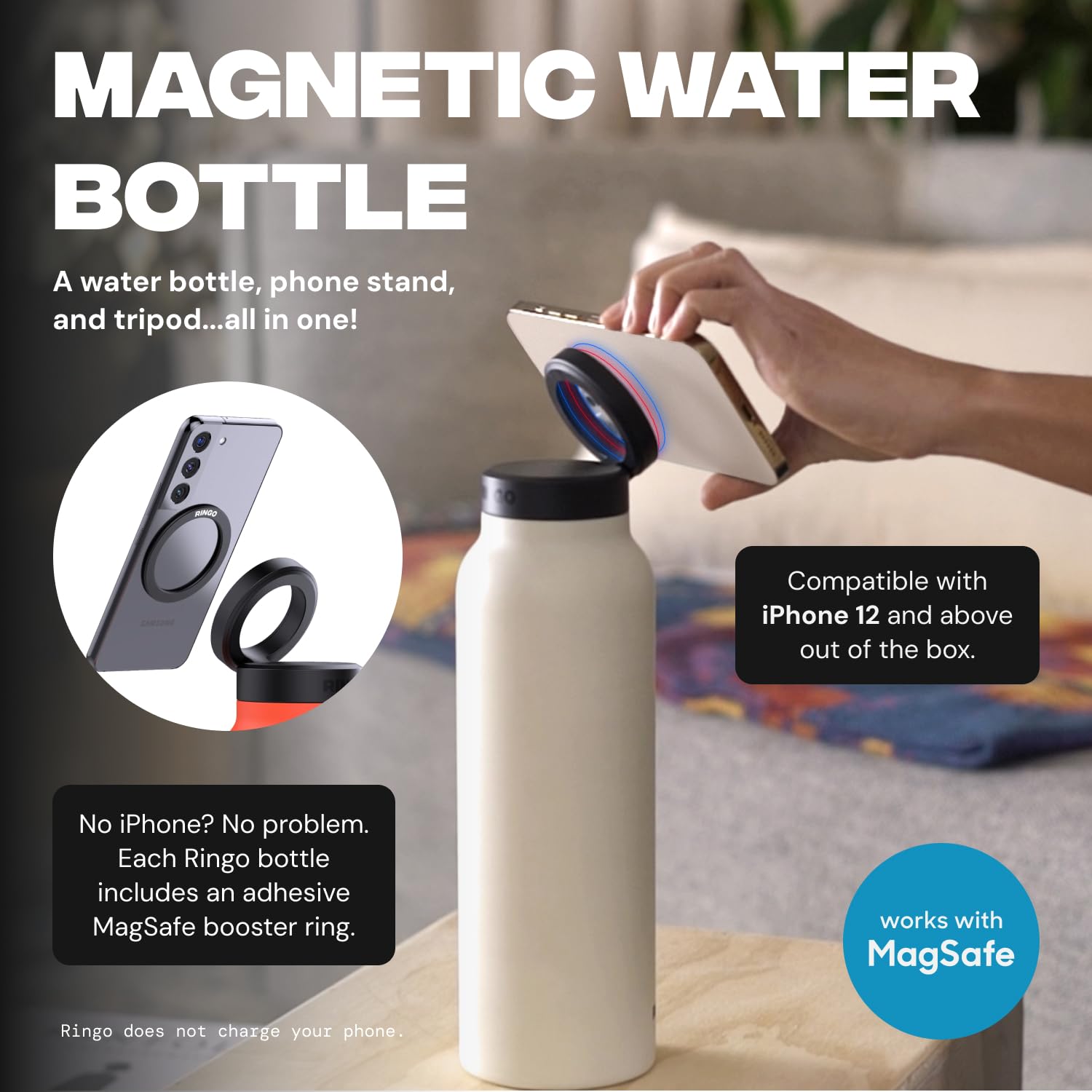 Ringo Insulated Water Bottle  Compatible Magsafe Water Bottle With Phone Holder  Stainless Steel