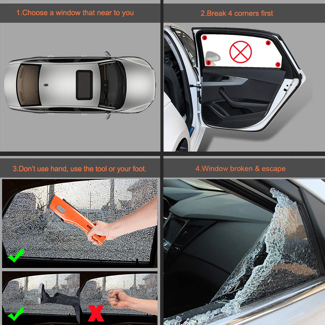Luxon 7 In 1 Car Emergency Escape Tool: Led Flashlight,Window Breaker,Seat Belt Cutter,Type-C Charger,Sos Light,Hand Cranking Charge,Magnetic,Rechargeable For Vehicle Rescue,Camping, Hiking (Orange)