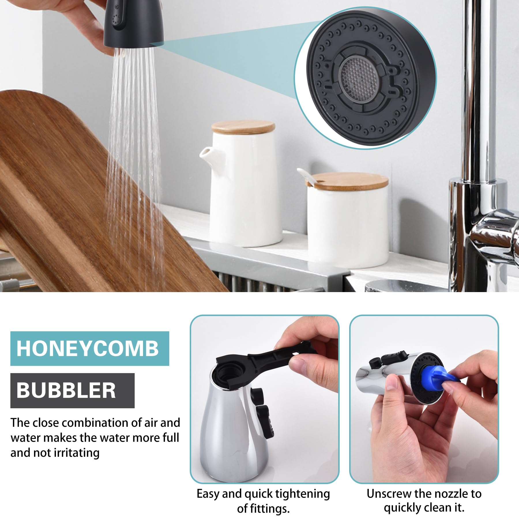 Hsmhose Kitchen Faucet Head Replacement 4 Modes, Pull Down Faucet Sprayer Head Nozzle Kitchen Sink Faucet Head With 11 Adapters（Black）
