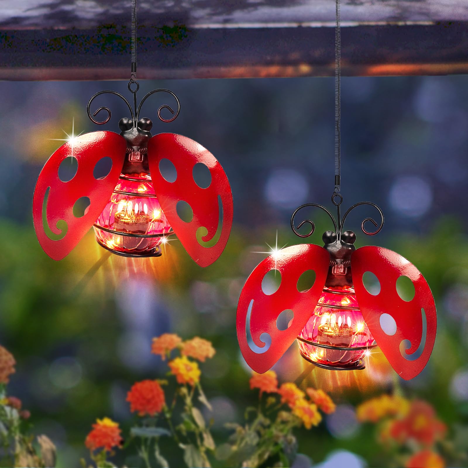 Vbioa Solar Hanging Ladybug Lights Led Waterproof Powered Outdoor Garden Decor Light Unique Decorations For Sister Birthday Gardening  For Mom Women Yard Path Front Porch Balcony Backyard