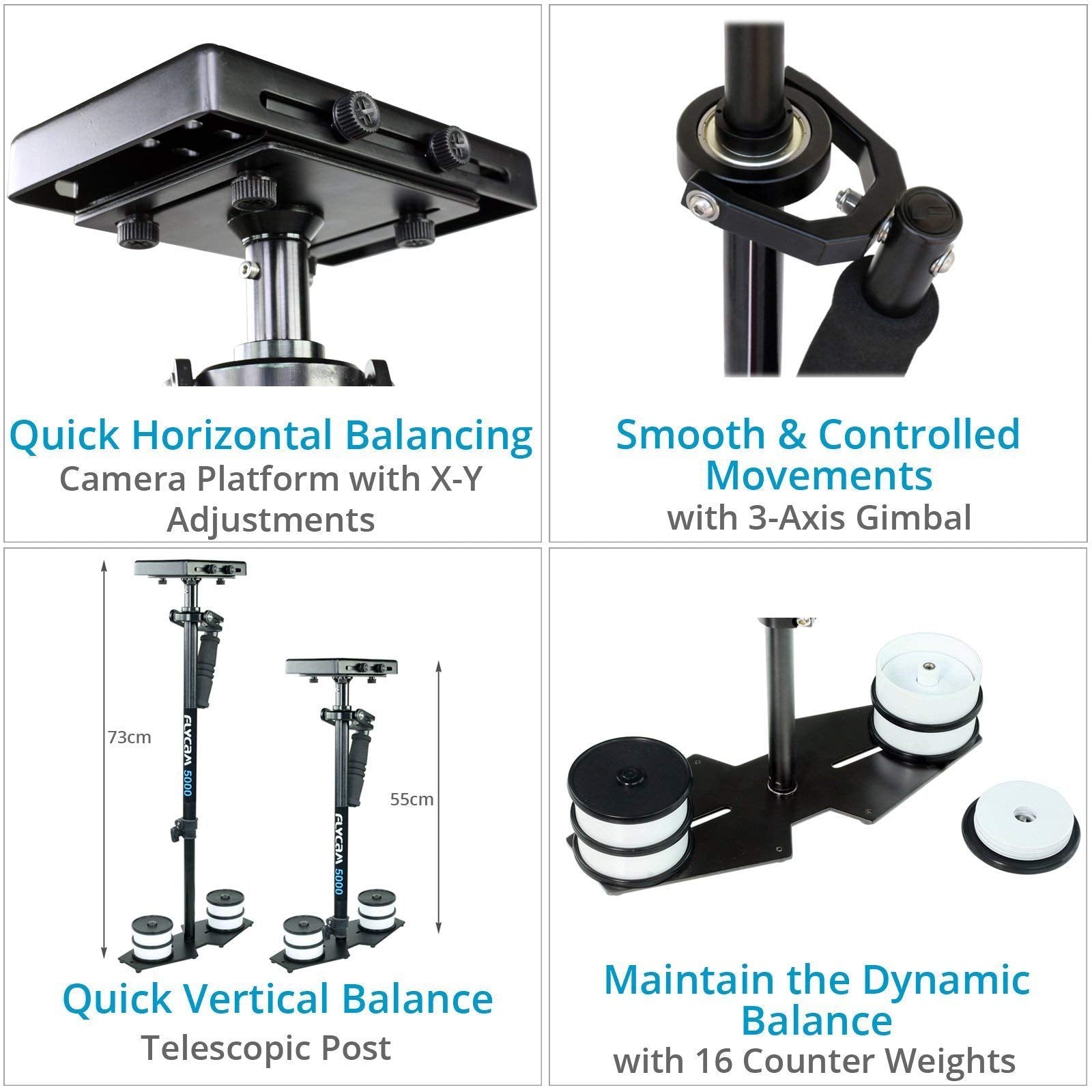 Flycam 5000 Handheld Camera Stabilizer With Comfort Arm Vest. Precise Balancing, Smooth & Fatigueless Operations. Quick Shock Absorption,  Quick Release, Arm Brace & Table Clamp (Flcm-Cmft-Kit)
