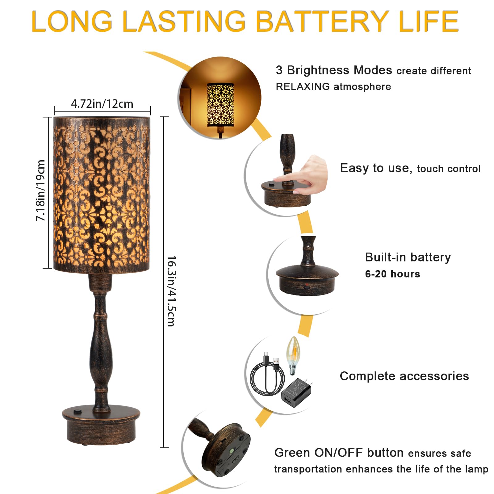 Umexus Led Rechargeable Cordless Table Lamp With Dimmer, Small Battery Operated Lights, Touch Nightstand Lamp, Vintage Bronze Ambient Lighting Home Living Room Side End Entryway Table Outdoor Patio