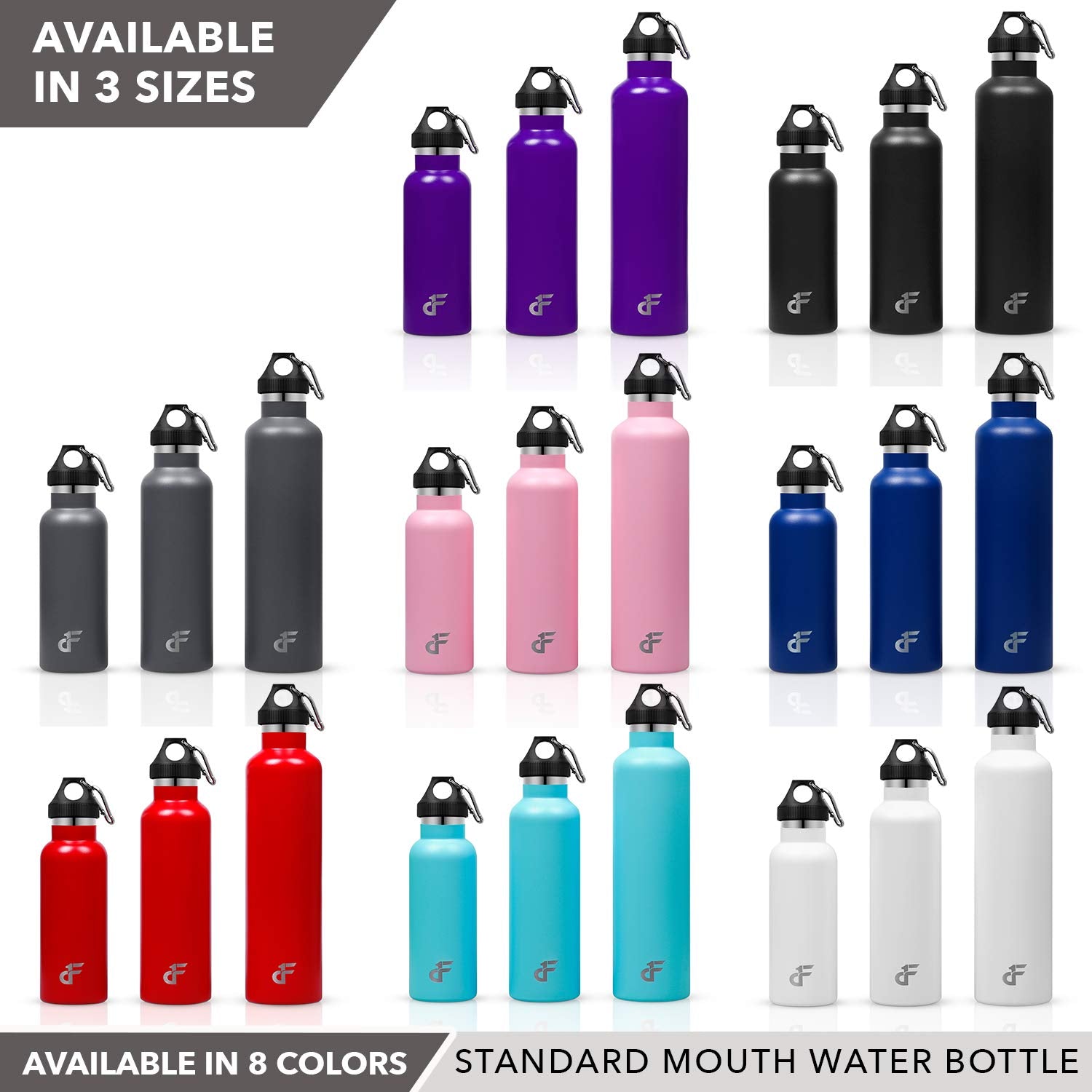 Day 1 Fitness Stainless Steel Water Bottle Standard Mouth, Carabiner Clip (16, 24, Or 32Oz) 3 Size