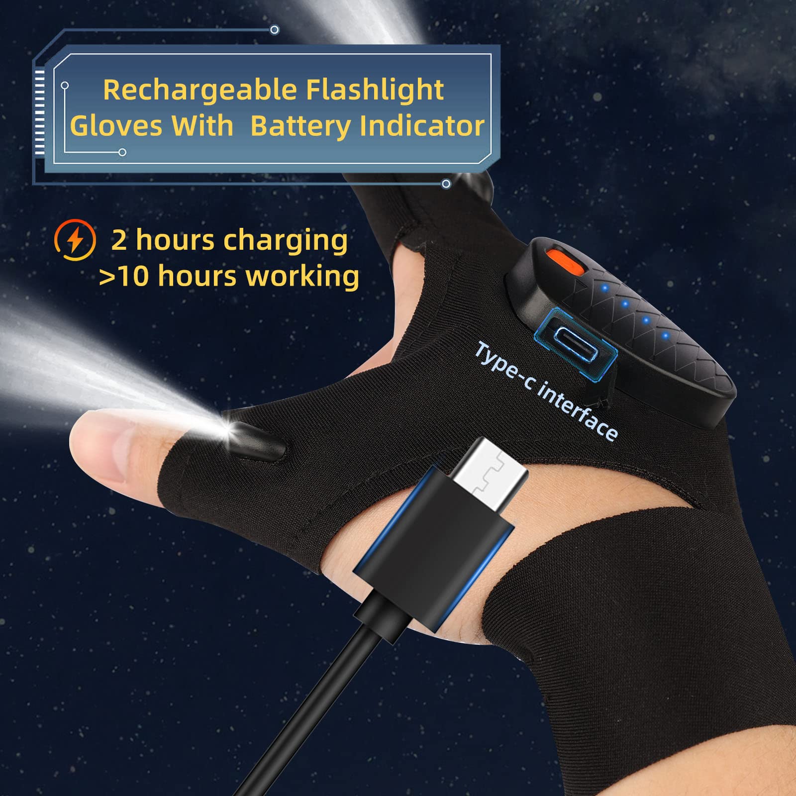 Apicey Rechargeable Led Flashlight Gloves,  For Men Dad Him Boyfriend Birthday Father'S Day, Cool Gadgets Waterproof Light Gloves With Battery Indicator For Repairing Fishing Camping
