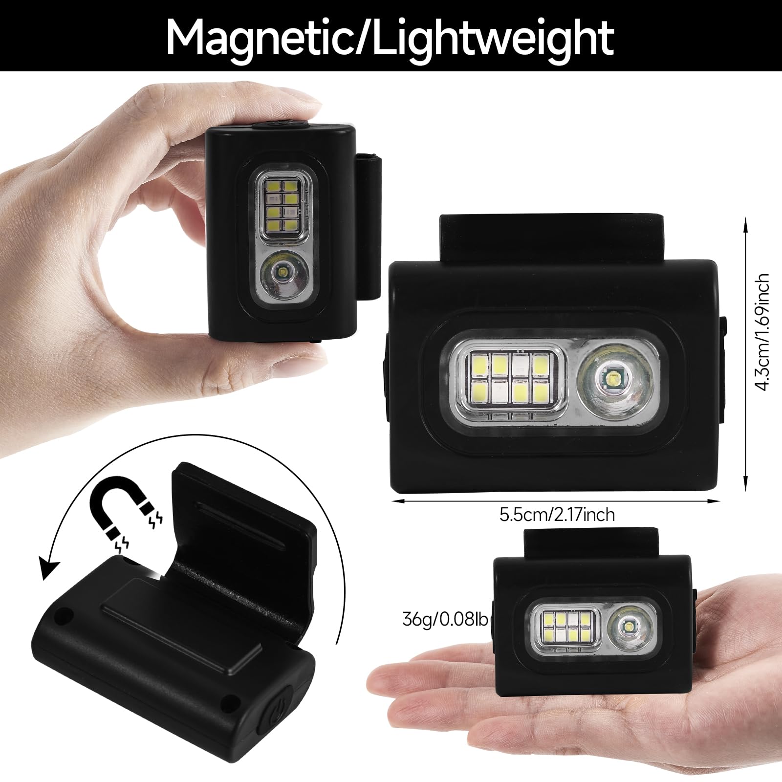 Rahan Clip On Running Light, 2Pack Magnetic Clip On Light For Runners With 6 Lighting Modes, Rechargeable Reflective Running Gear For Runners Night Walking Hiking Camping (Black)