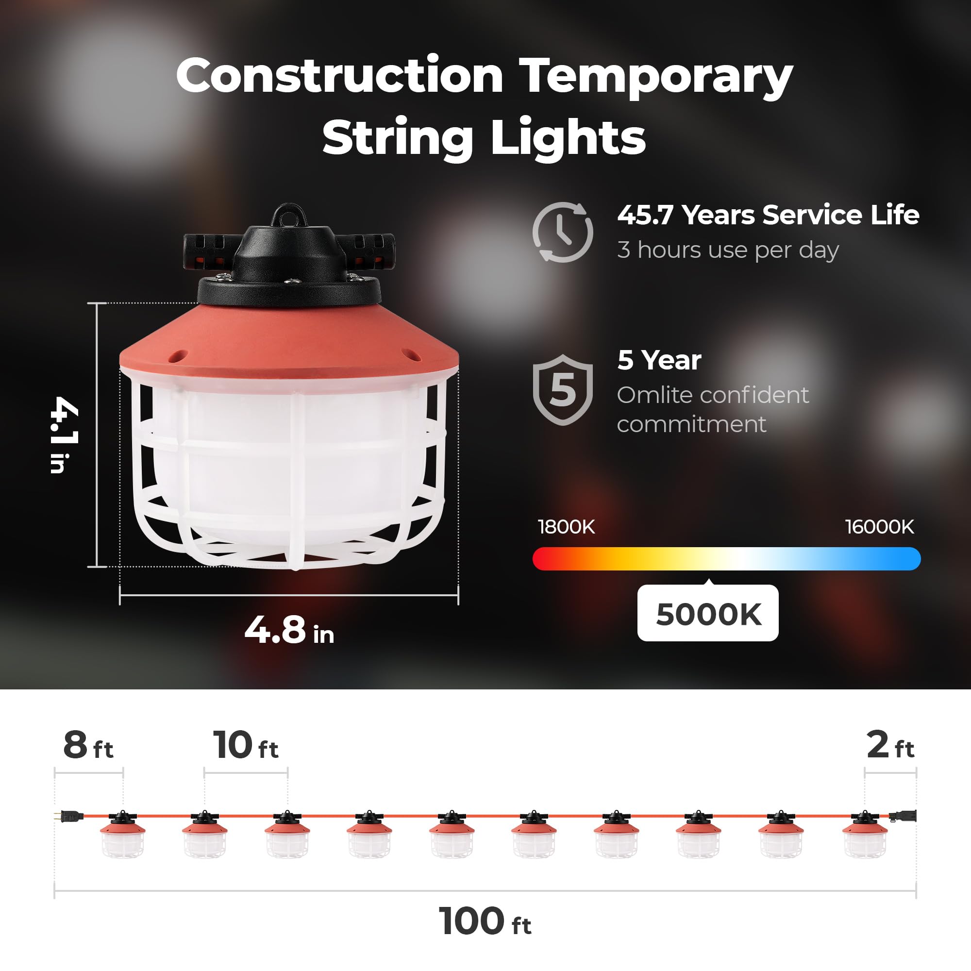 Omlite 100Ft Construction String Lights：150W 21000Lm Linkable Super Bright Led String Work Lights For Construction Sites Temporary Work Jobsite Ip65 Waterproof 18Awg Wire Work Light With Cage