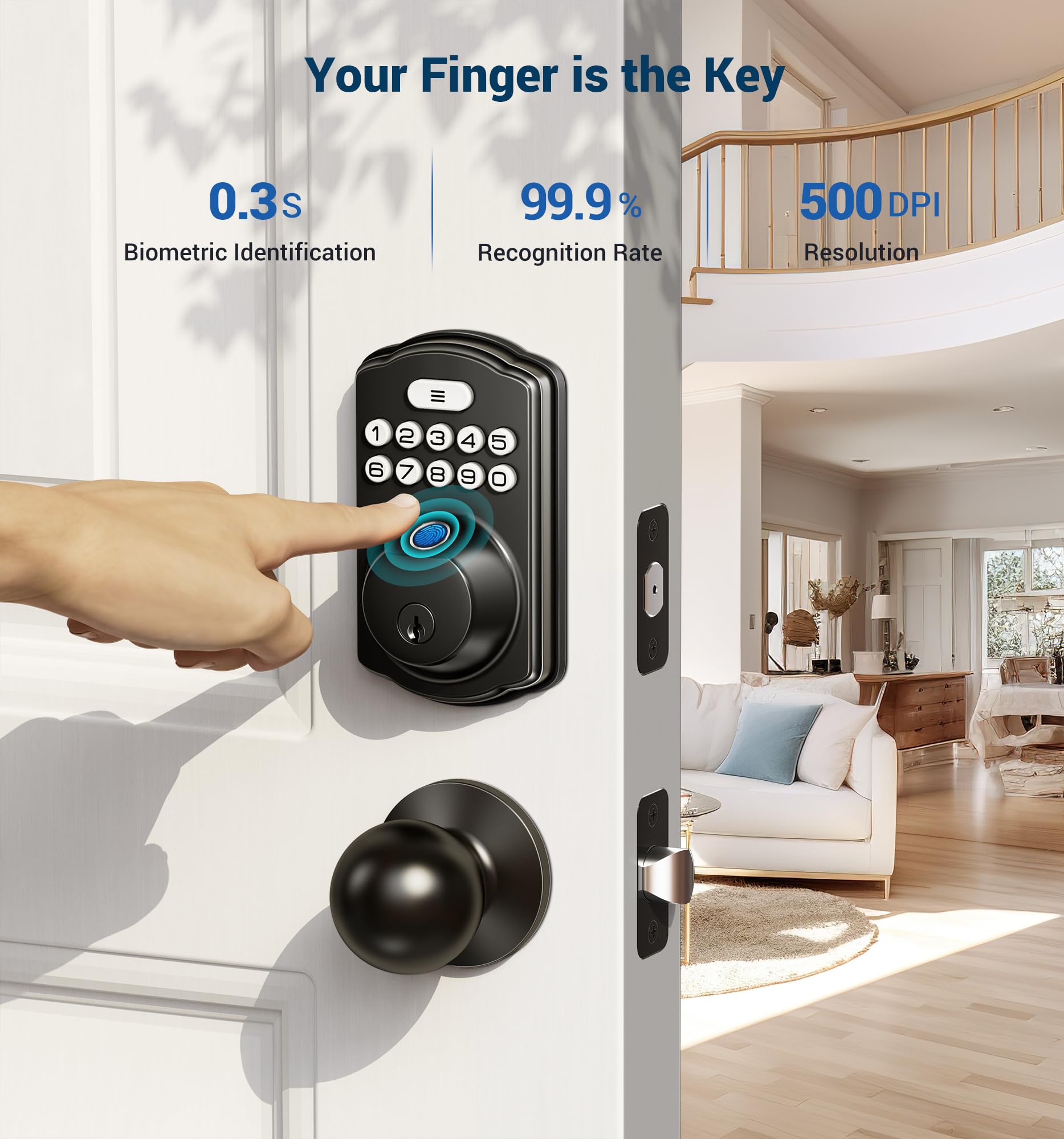 Veise Fingerprint Door Lock With 2 Knobs - Keyless Entry Door Lock With Handle, Electronic Keypad Deadbolt, Smart Front Handle Set, Auto-Locking, Waterproof, Easy Installation, Matte Black