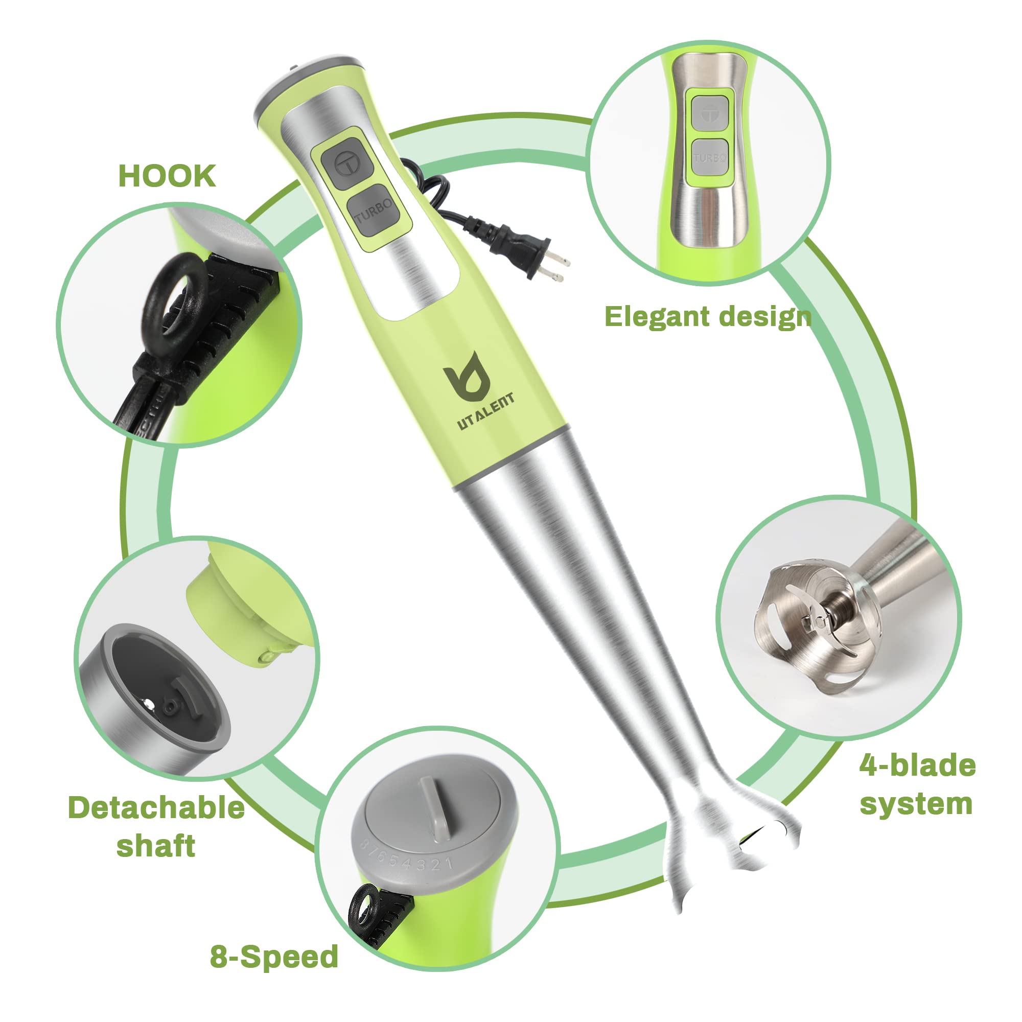 Utalent Immersion Hand Blender, 3-In-1 8-Speed Stick Blender With Milk Frother, Egg Whisk For Coffee Milk Foam, Puree Baby Food, Smoothies, Sauces And Soups Green