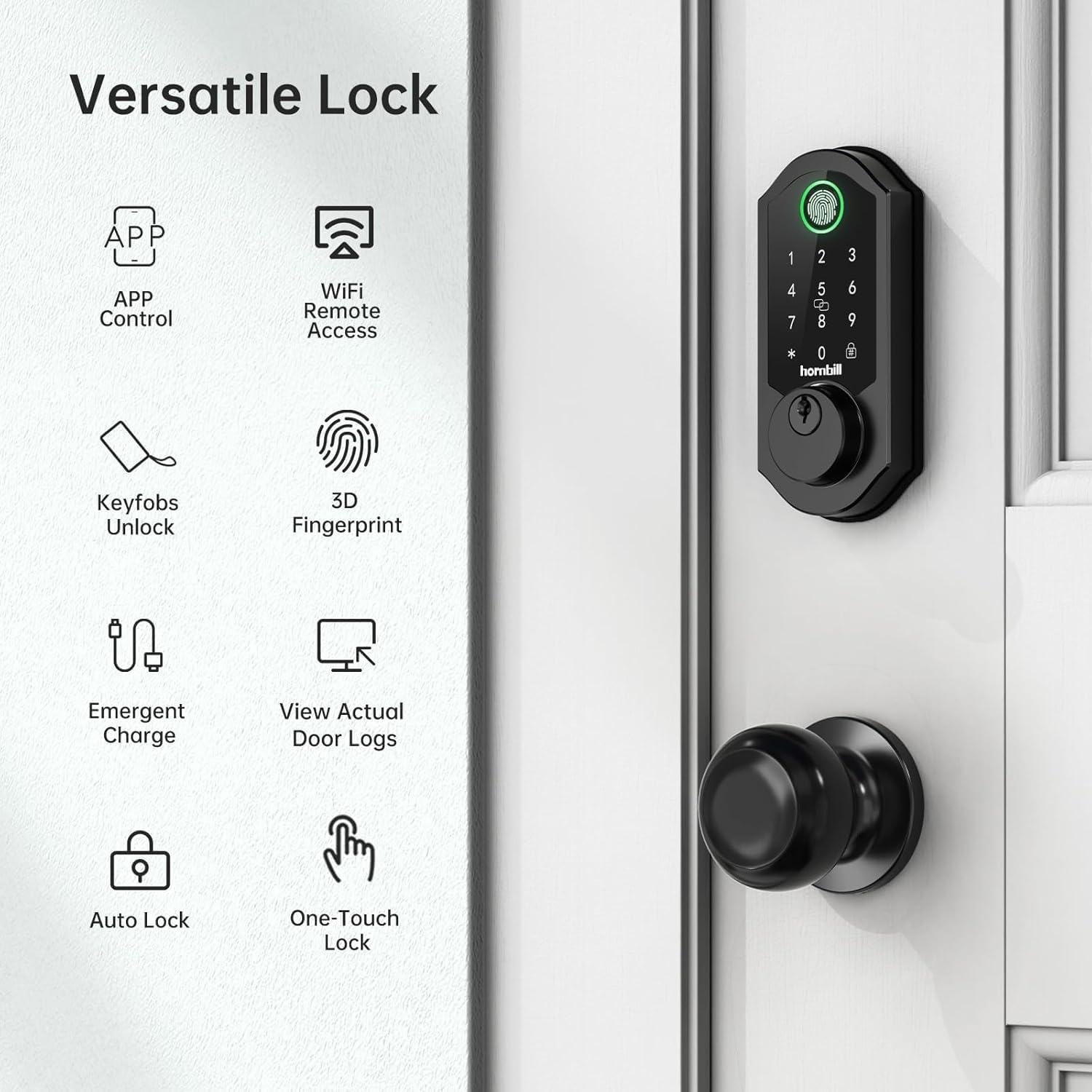 Hornbill Front Door Lock Set: Wifi Keyless Entry Smart Deadbolt Knob With Fingerprint Keypad App Code Fobs Remote Control Alexa Google, Digital Electronic Touchscreen Lock For Exterior, Matt Black
