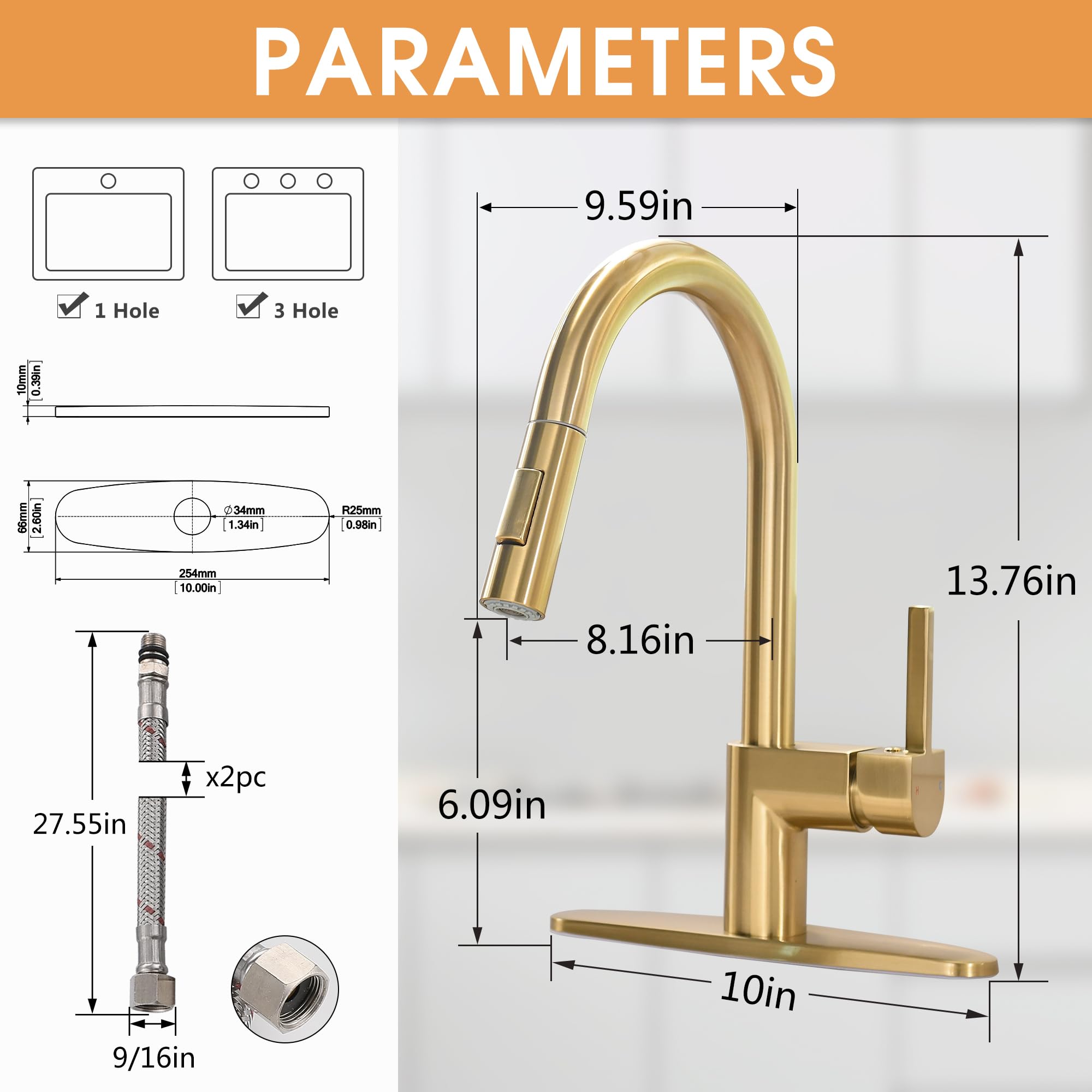 Fropo Gold Kitchen Faucet With Pull Down Sprayer - Modern Single Handle Pull Down Kitchen Sink Faucet With Deck Plate  Stainless Steel Brass Kitchen Faucet For 1 & 3 Hole Brushed Gold
