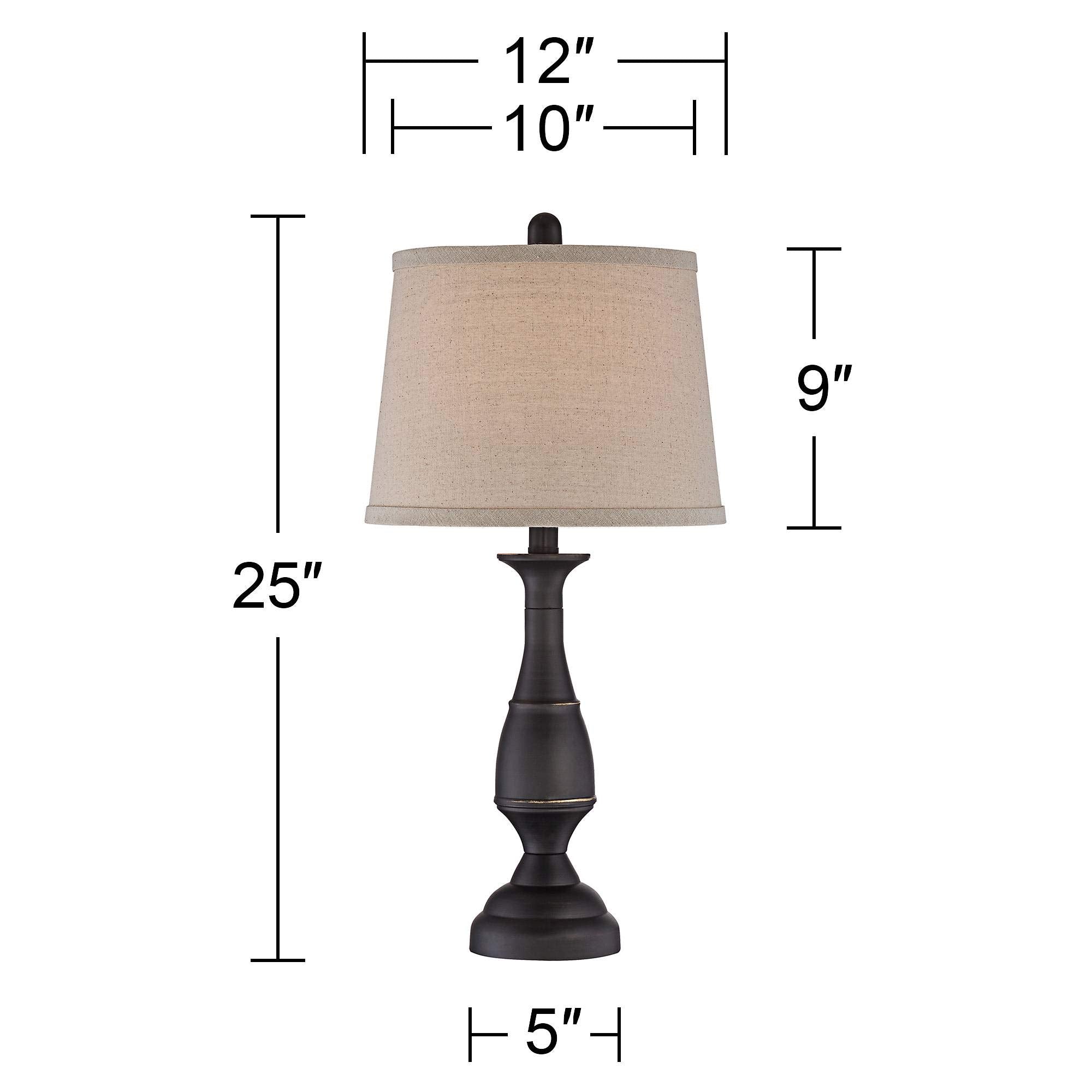 Regency Hill Ben Farmhouse Traditional Table Lamps 25" High Full Size Set Of 2 Dark Bronze Brown Metal Beige Linen Drum Shade Decor For Living Room Bedroom House Bedside Nightstand Home Office