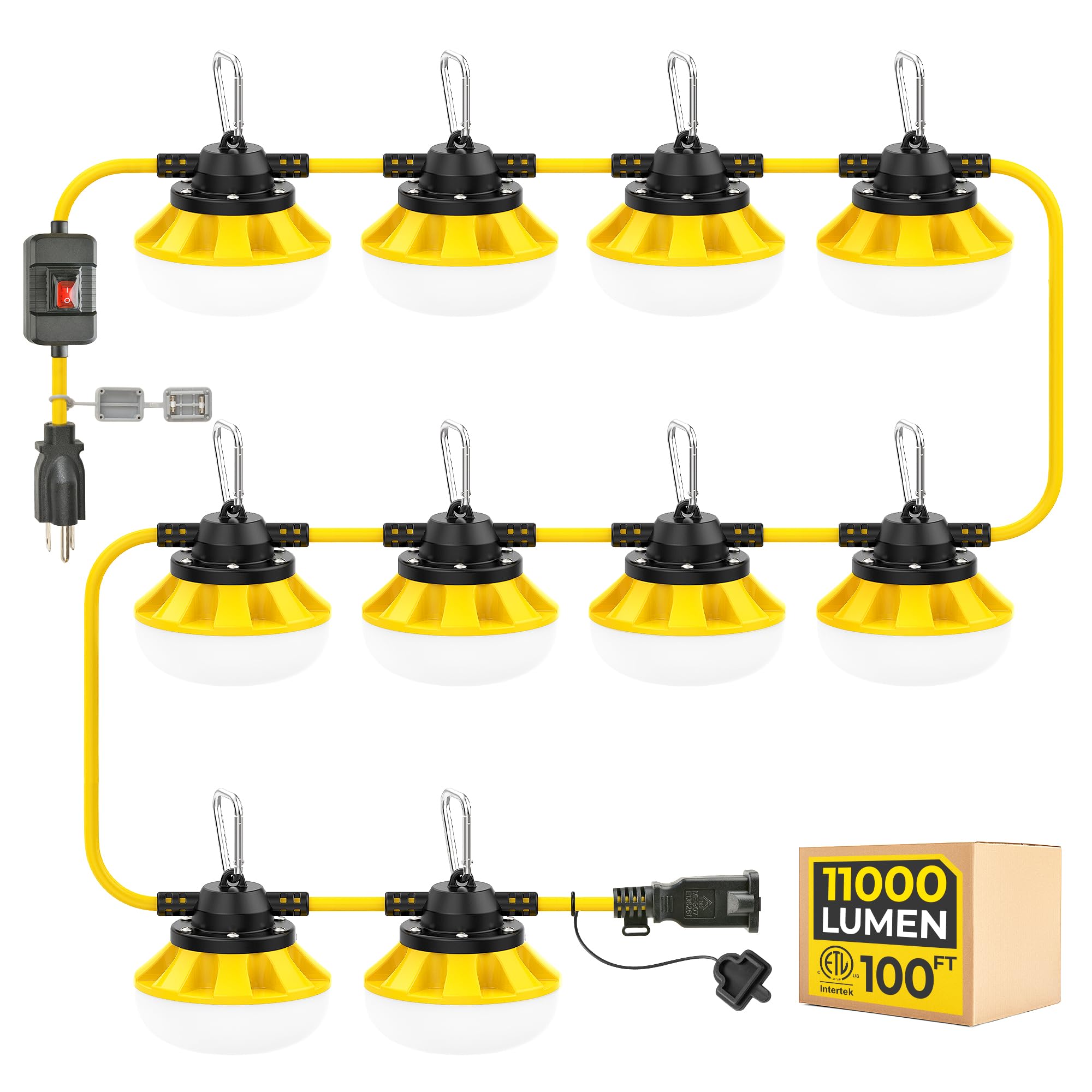 Hyanglux 3 Prong Mechanical Switch Outdoor Led String Lights: 100Ft 100W 11000Lm Etl  Bright Temporary Lighting Hanging Ip65 Waterproof Construction Work Light For Attic Jobsite Garage