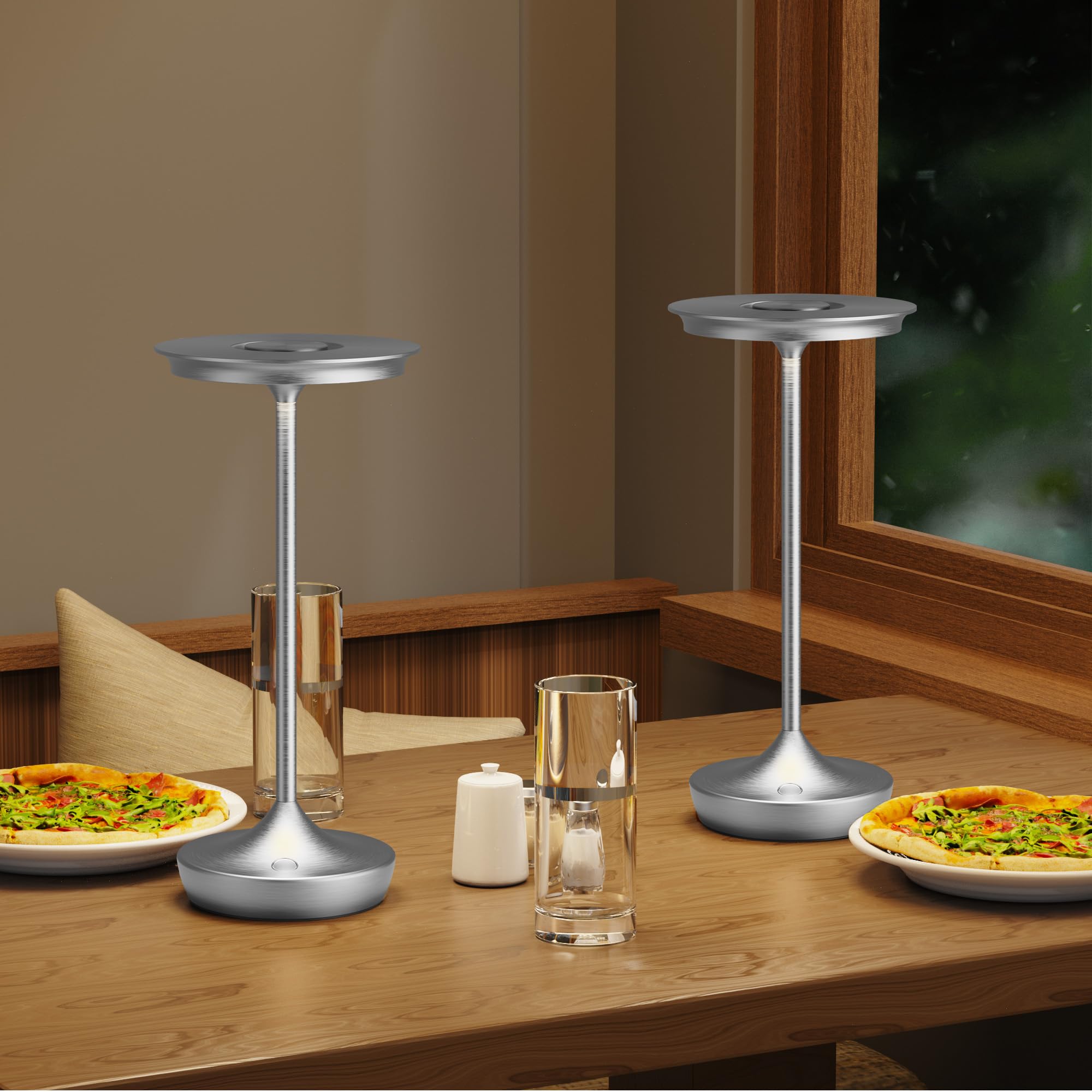 Shangcai Led Cordless Table Lamps Rechargeable - Outdoor Battery Operated Portable Table Light 3 Color Stepless Dimming Tables Lamp With Memory Function For Patio Restaurant Dining 2 Pack Silver